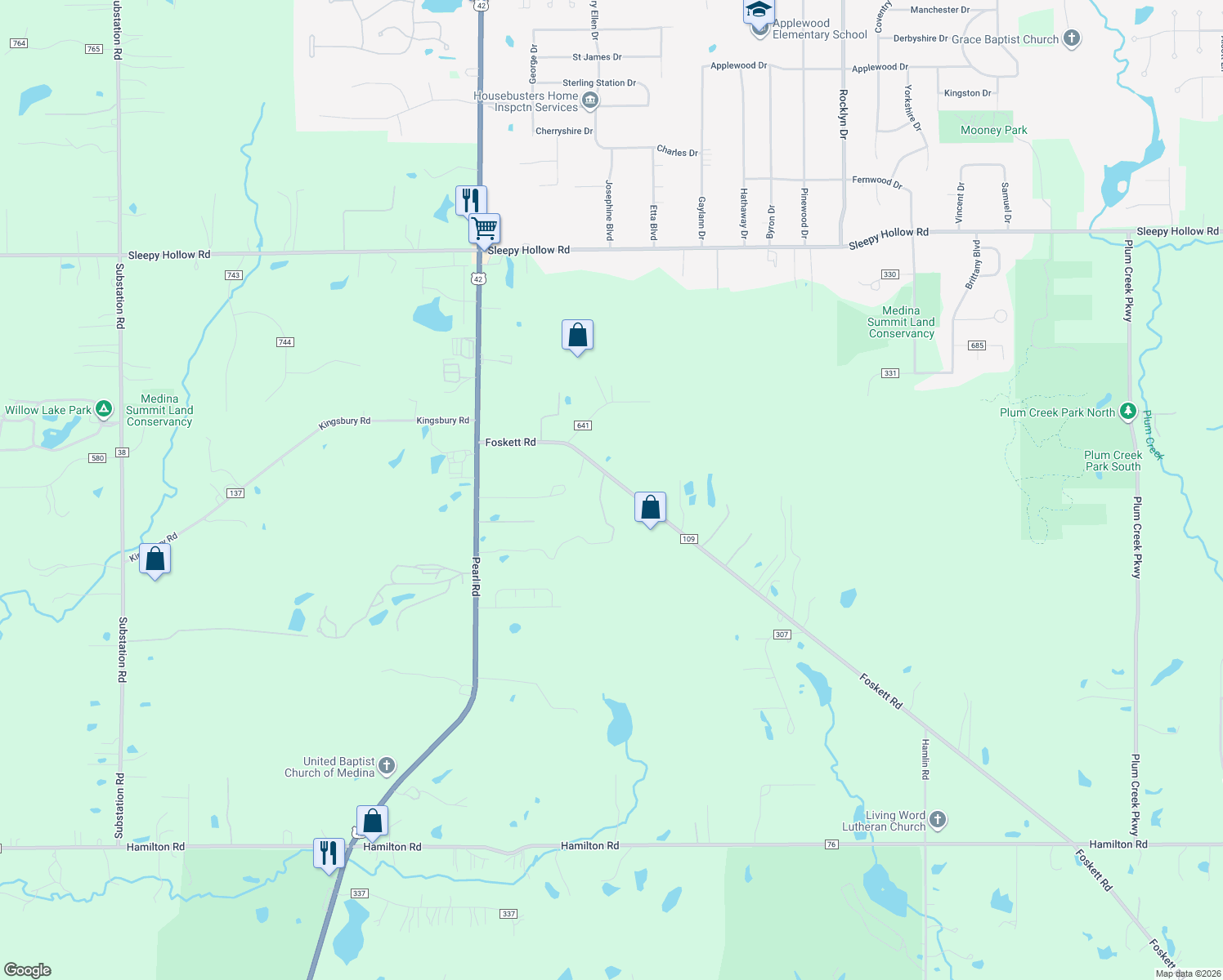 map of restaurants, bars, coffee shops, grocery stores, and more near 4138 Foskett Road in Medina