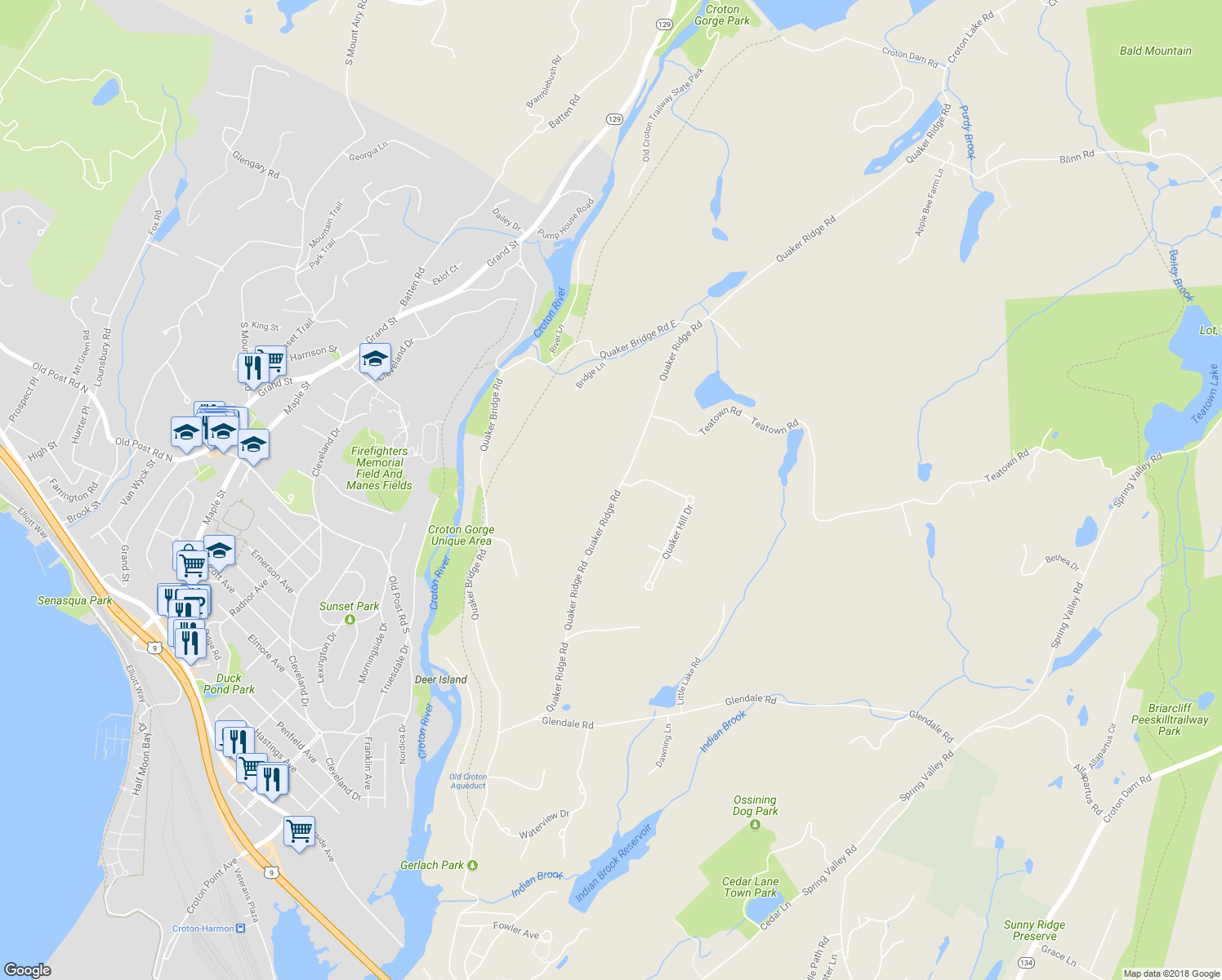 map of restaurants, bars, coffee shops, grocery stores, and more near 2055 Quaker Ridge Road in Croton-on-Hudson