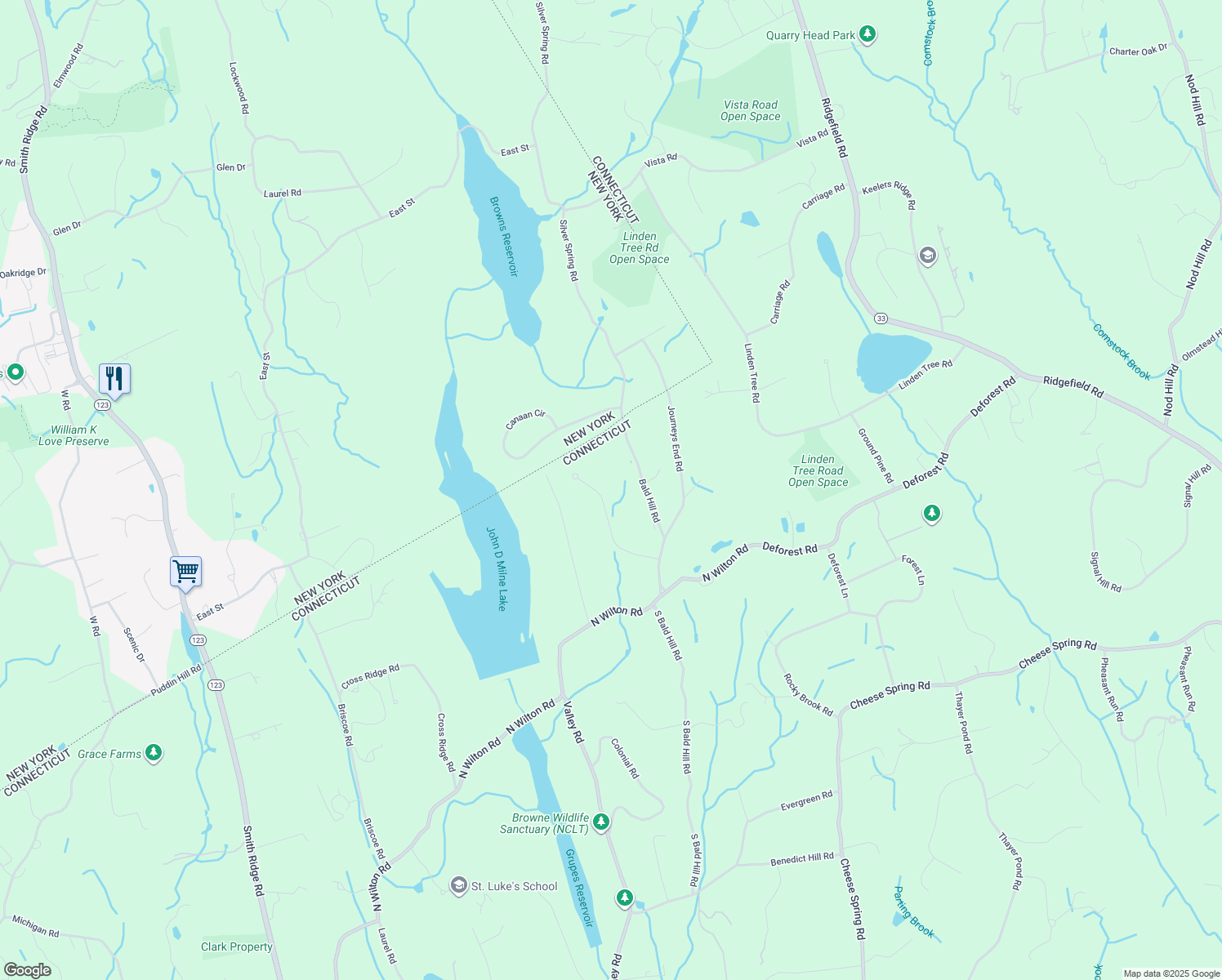 map of restaurants, bars, coffee shops, grocery stores, and more near 111 Danforth Drive in New Canaan