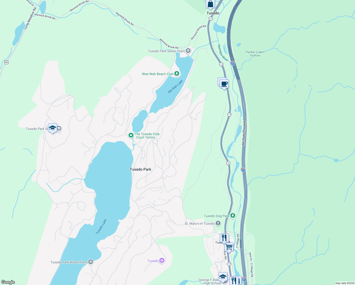 map of restaurants, bars, coffee shops, grocery stores, and more near 72 Lookout Road in Tuxedo Park