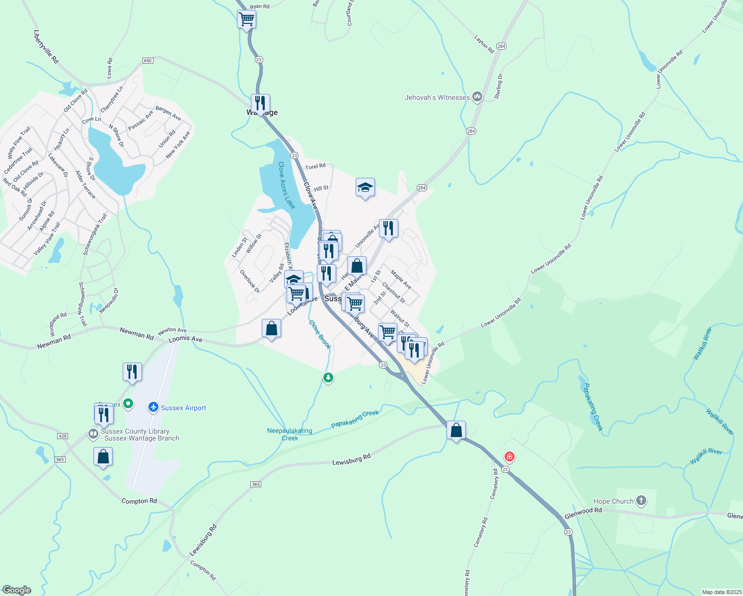 map of restaurants, bars, coffee shops, grocery stores, and more near 6 Walnut St in Sussex