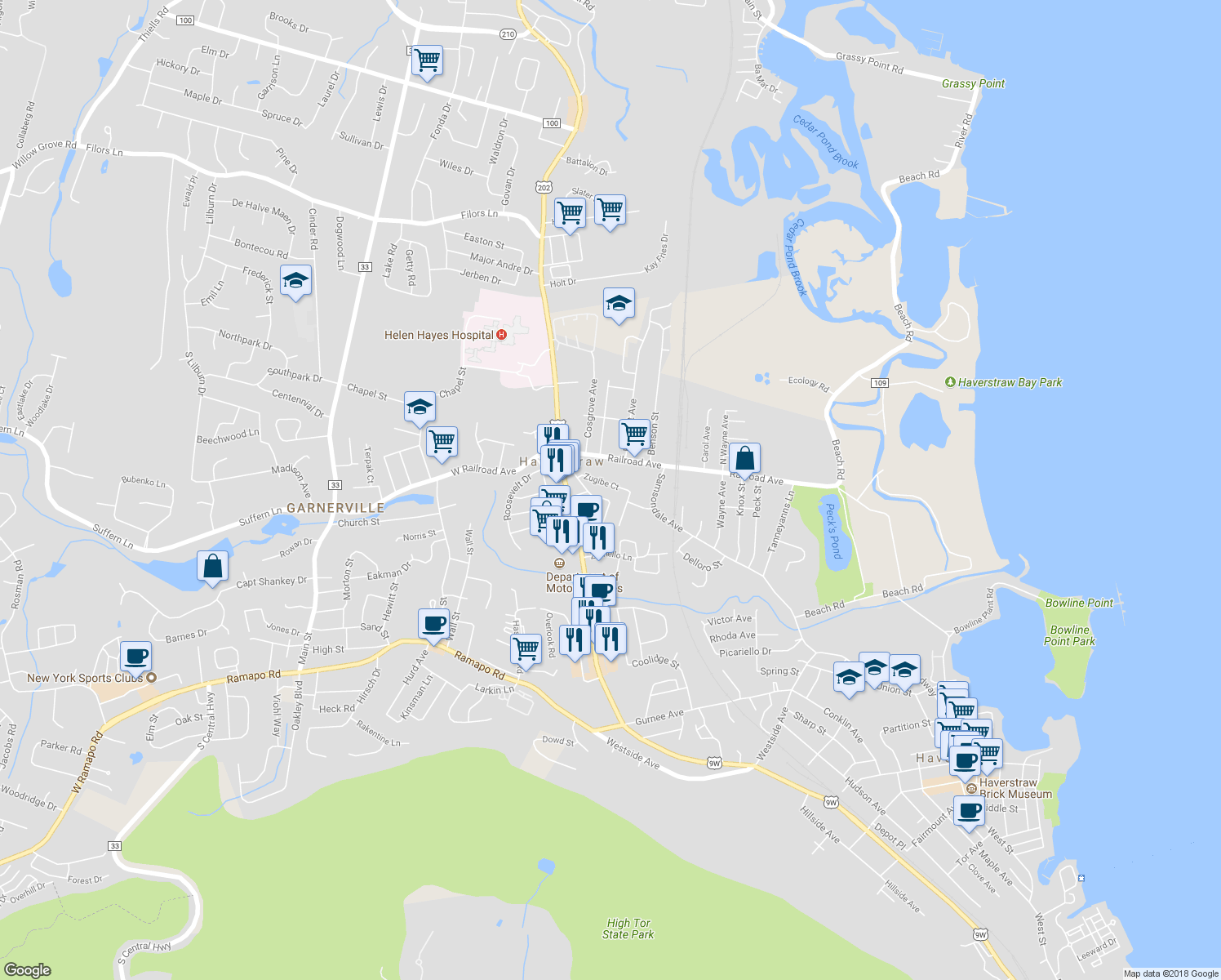 map of restaurants, bars, coffee shops, grocery stores, and more near 34 Zugibe Court in West Haverstraw