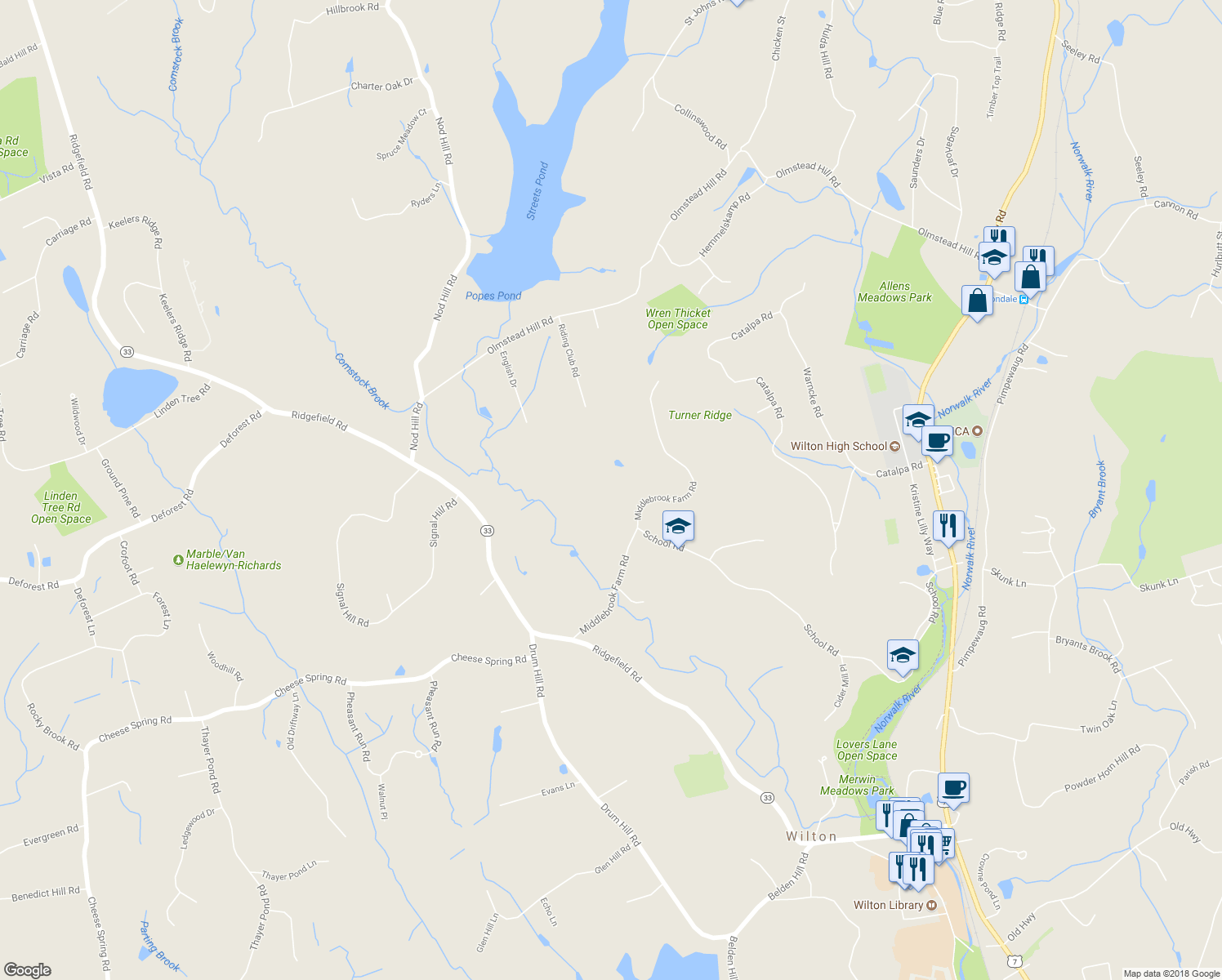 map of restaurants, bars, coffee shops, grocery stores, and more near 82 Middlebrook Farm Road in Wilton