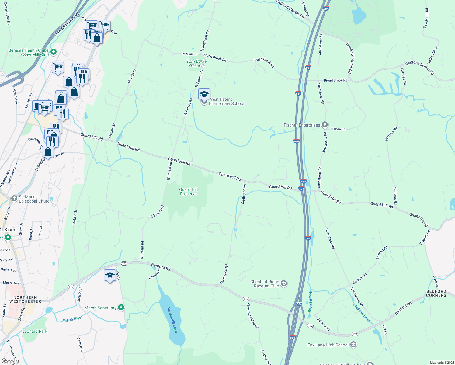 map of restaurants, bars, coffee shops, grocery stores, and more near 187 Guard Hill Road in Mount Kisco