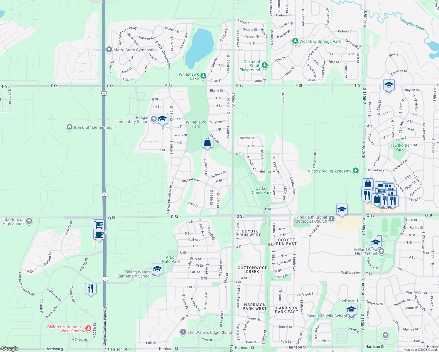 map of restaurants, bars, coffee shops, grocery stores, and more near 19277 Holmes Street in Omaha