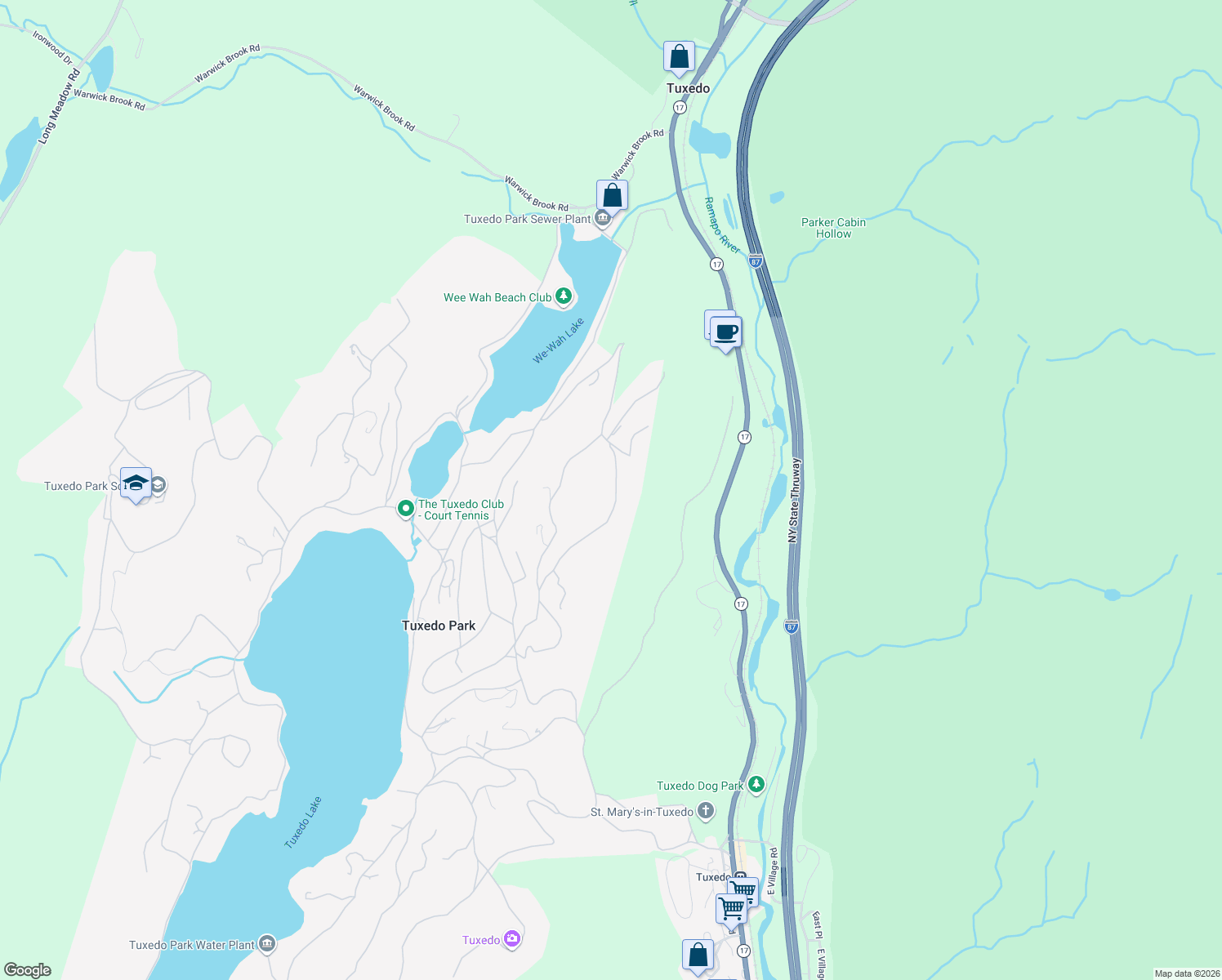 map of restaurants, bars, coffee shops, grocery stores, and more near 32 Lookout Road in Tuxedo Park