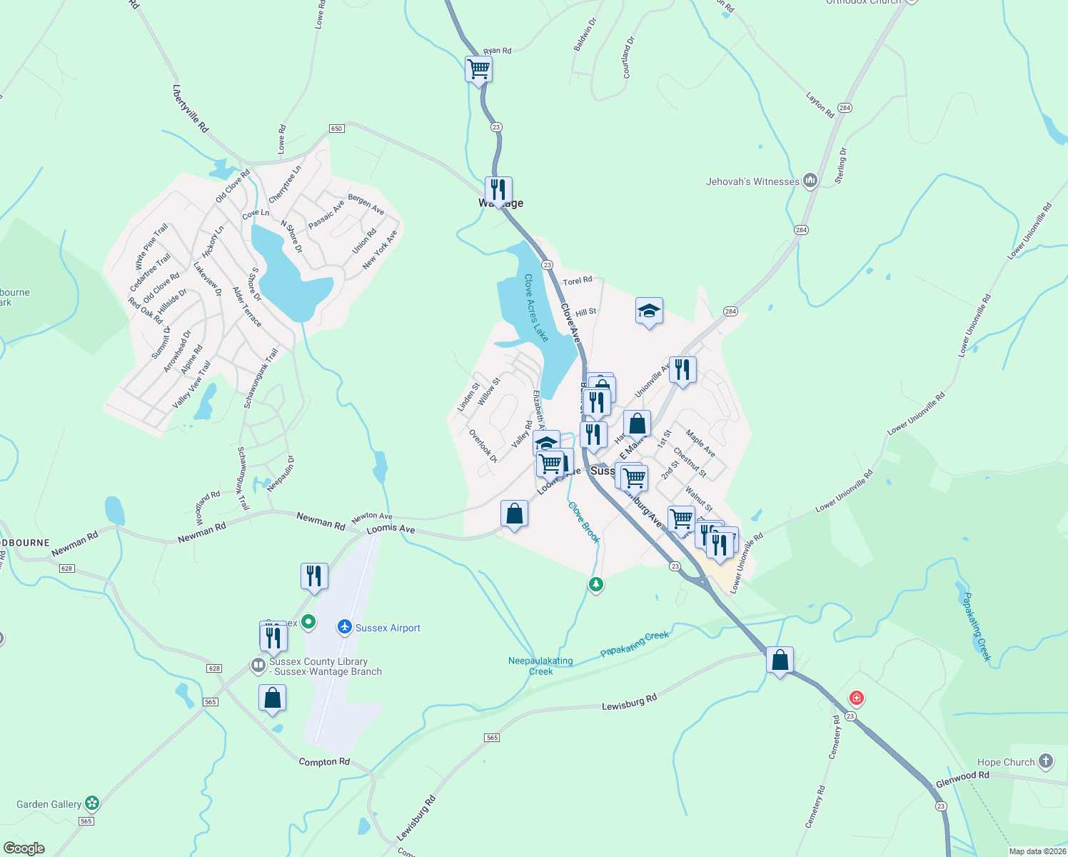map of restaurants, bars, coffee shops, grocery stores, and more near 3 Valley Rd in Sussex