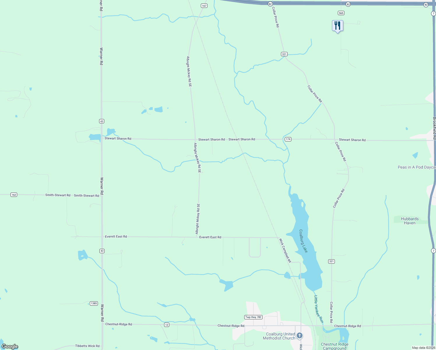 map of restaurants, bars, coffee shops, grocery stores, and more near 1251 Albright Mckay Road Southeast in Hubbard