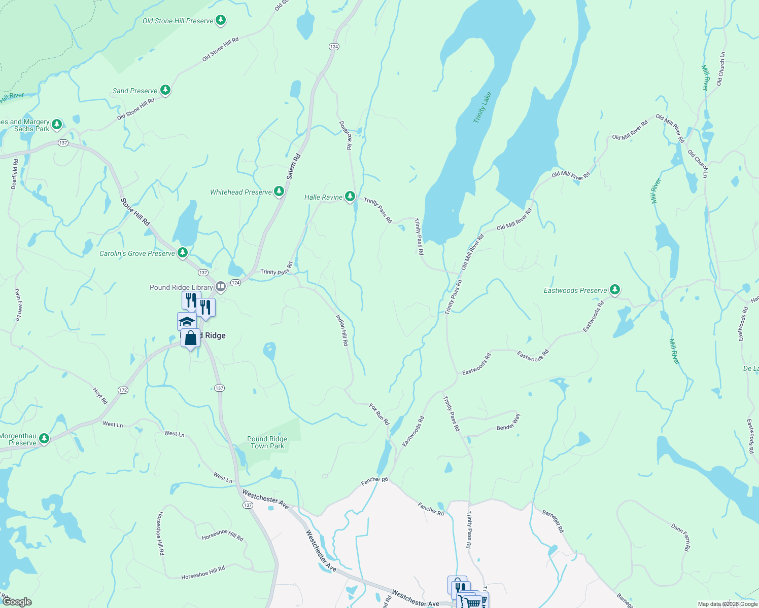 map of restaurants, bars, coffee shops, grocery stores, and more near 28 Winterbottom Lane in Pound Ridge