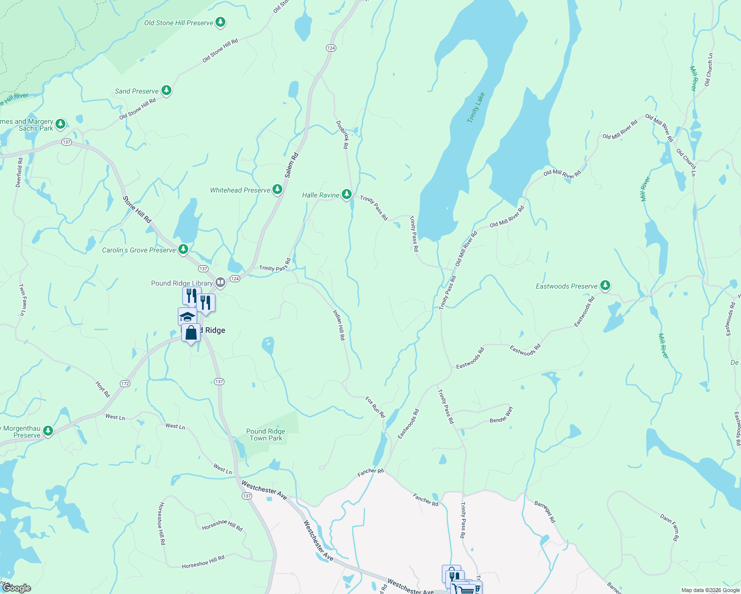 map of restaurants, bars, coffee shops, grocery stores, and more near 28 Winterbottom Lane in Pound Ridge
