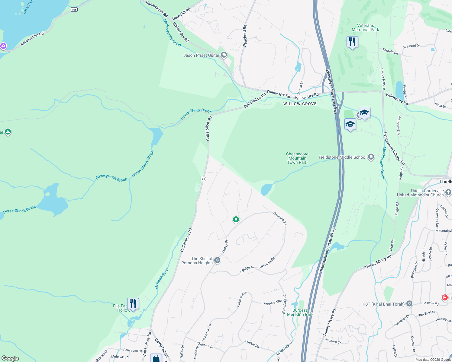 map of restaurants, bars, coffee shops, grocery stores, and more near 19 N Ridge Rd in Pomona