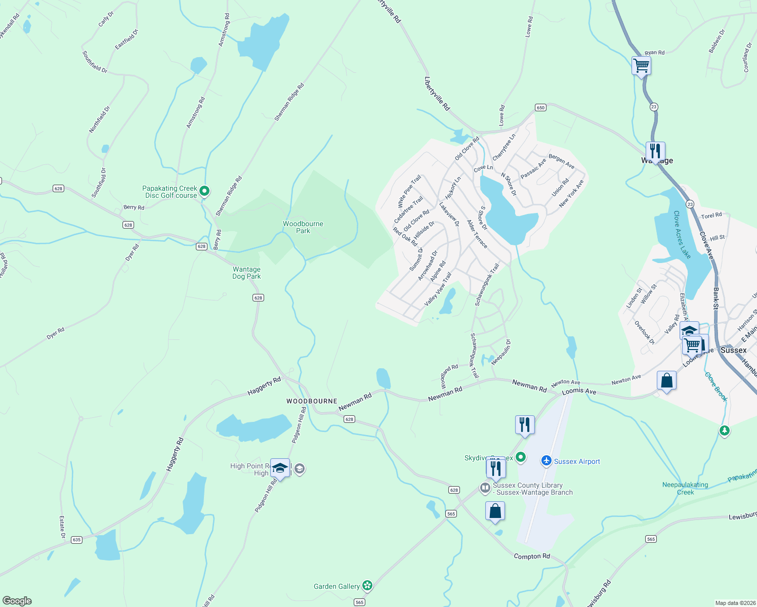 map of restaurants, bars, coffee shops, grocery stores, and more near 1 Fairview Terrace in Wantage