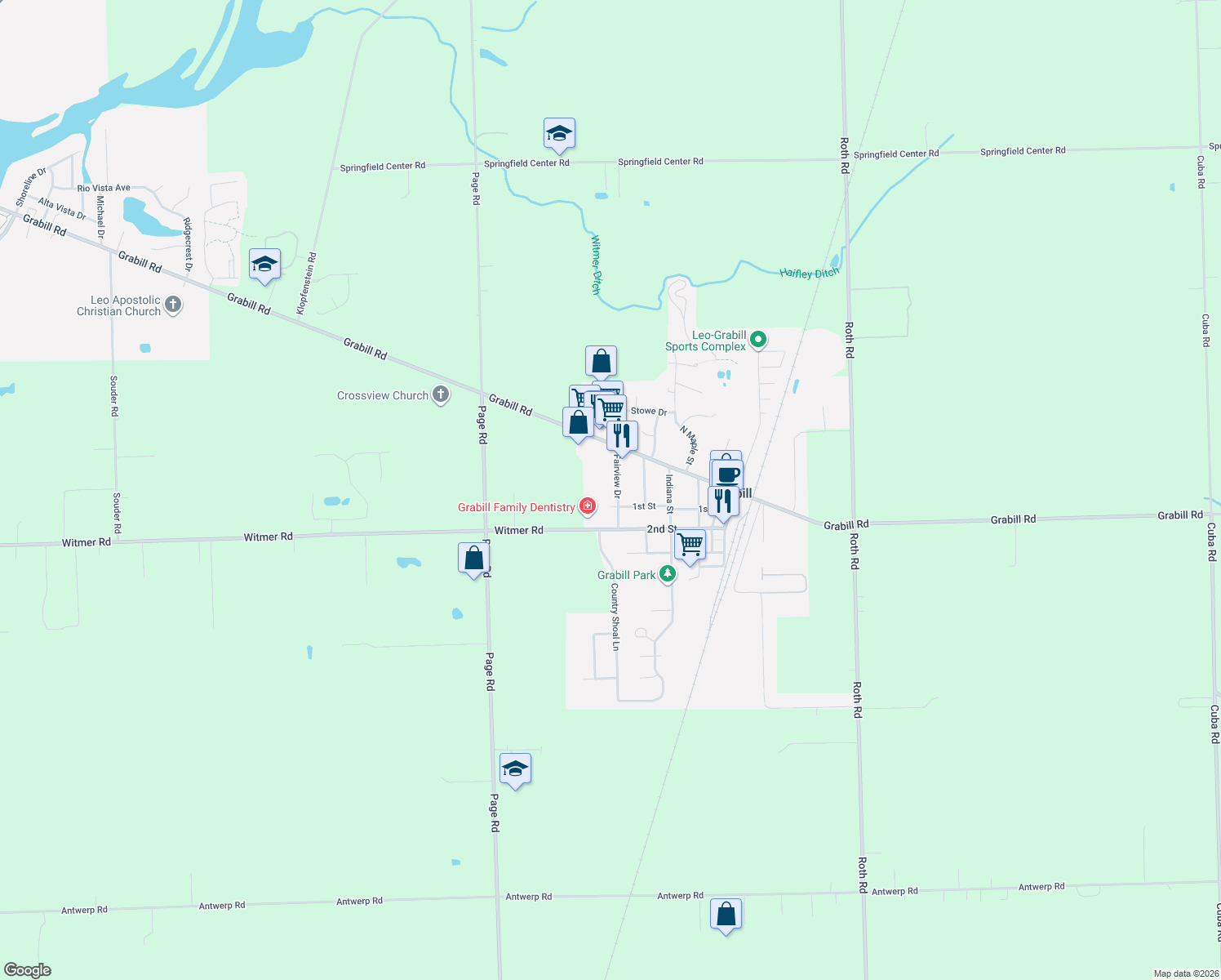 map of restaurants, bars, coffee shops, grocery stores, and more near 13525 Fairview Drive in Grabill