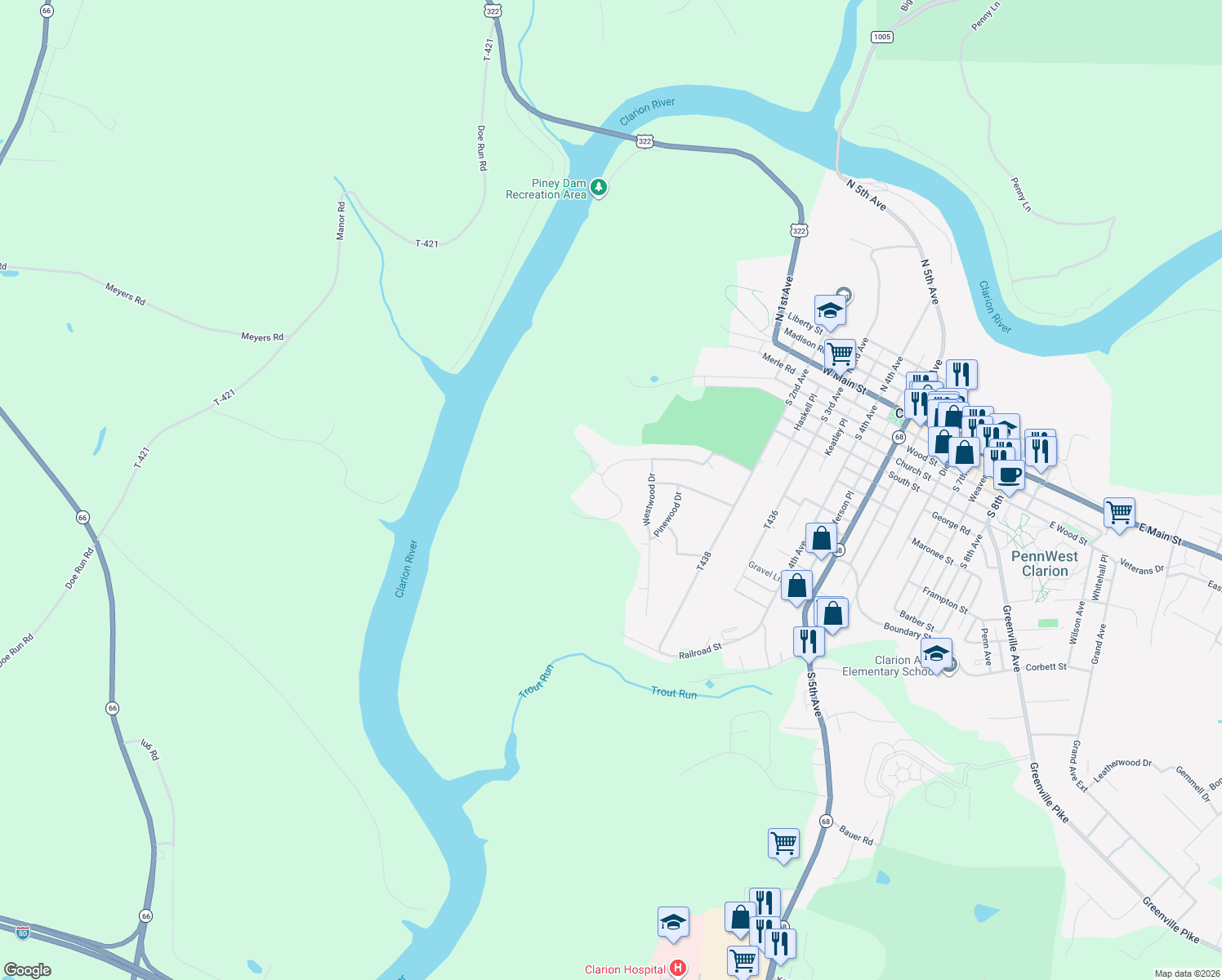 map of restaurants, bars, coffee shops, grocery stores, and more near Oak Ridge Dr in Clarion