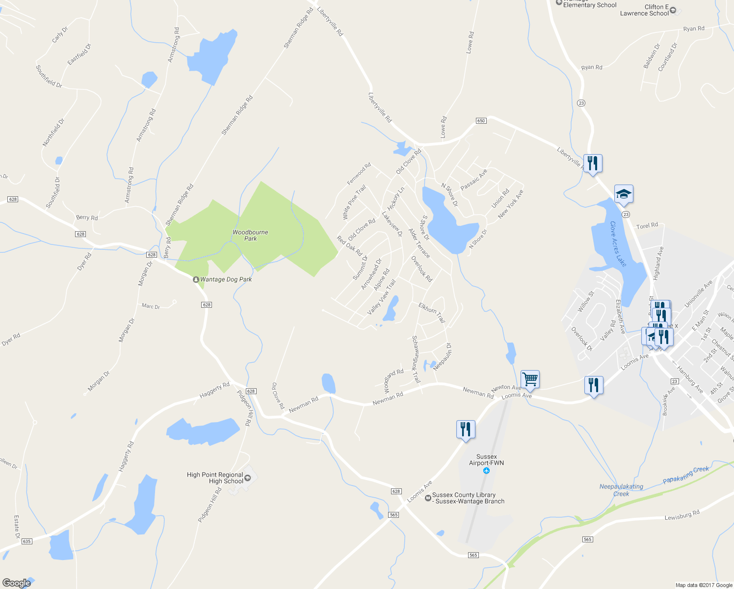 map of restaurants, bars, coffee shops, grocery stores, and more near 60 Alpine Road in Wantage