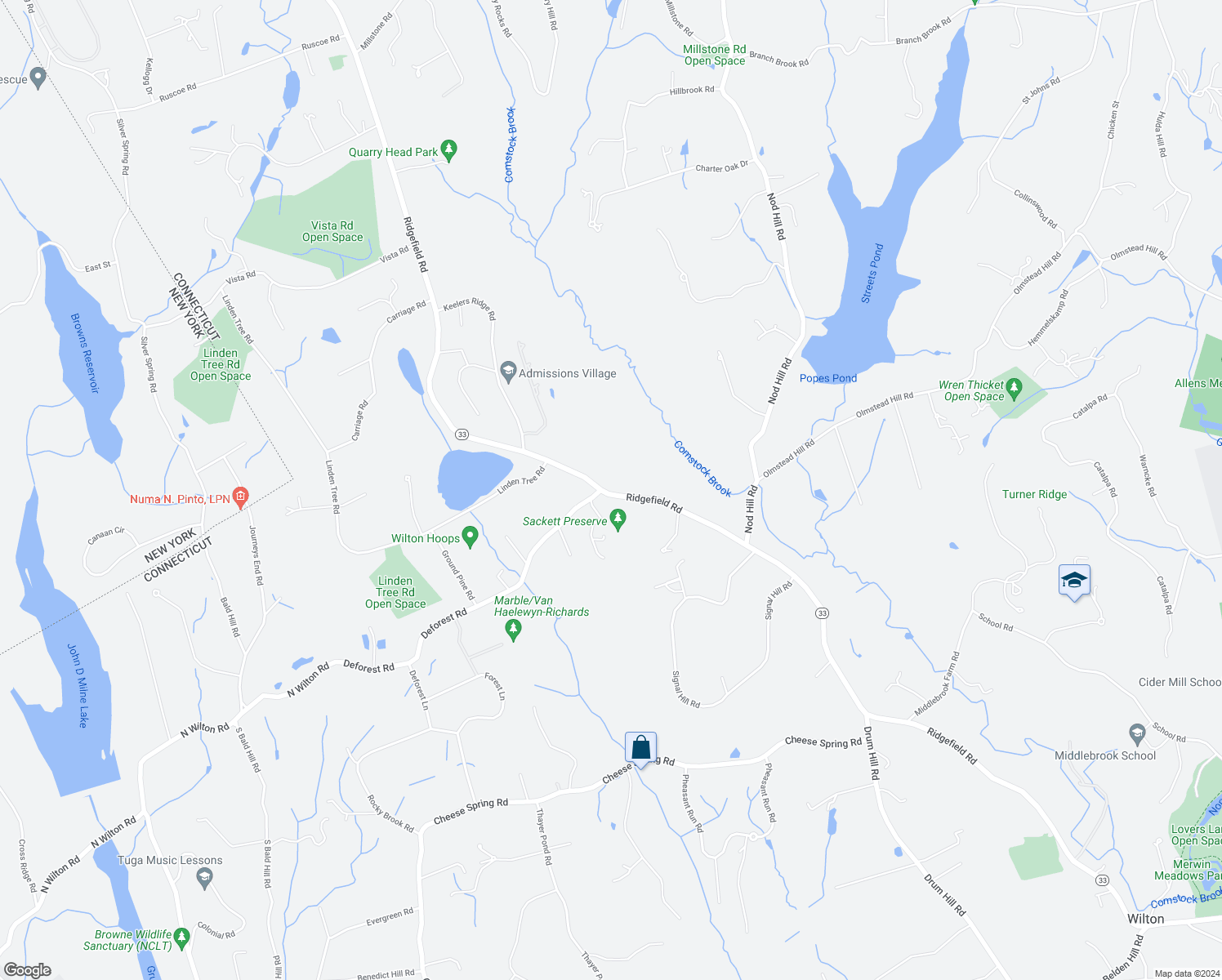 map of restaurants, bars, coffee shops, grocery stores, and more near 500 Ridgefield Road in Wilton