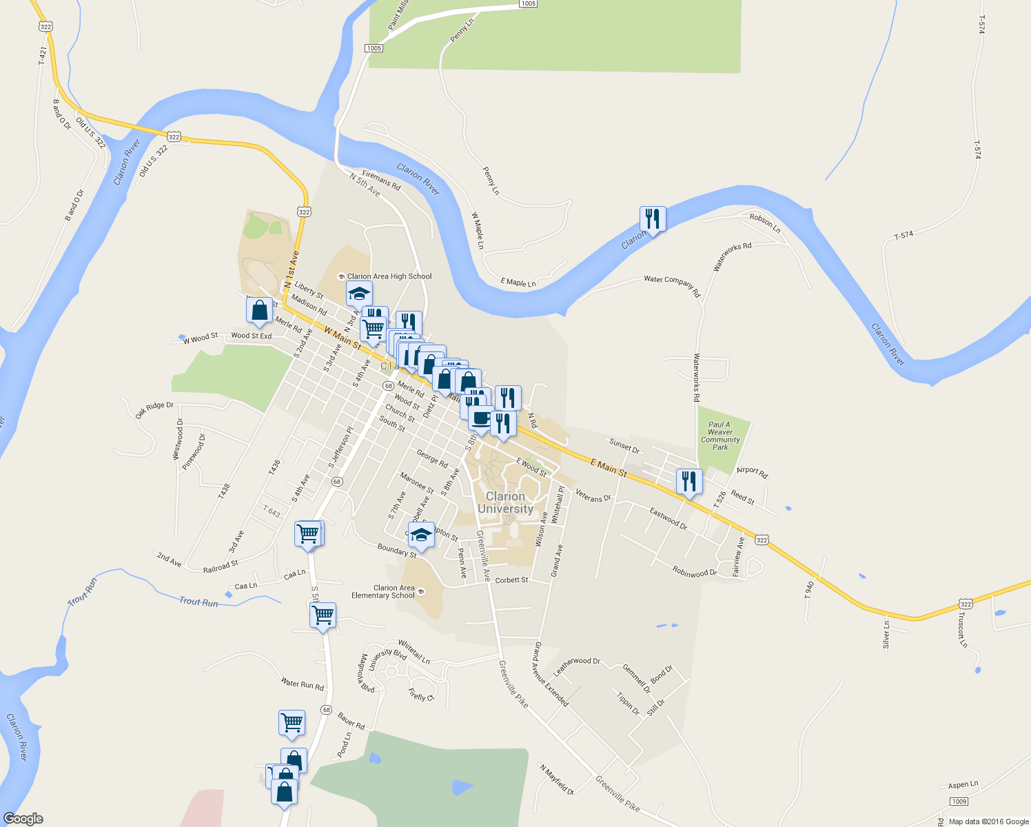 map of restaurants, bars, coffee shops, grocery stores, and more near 821 Madison Road in Clarion