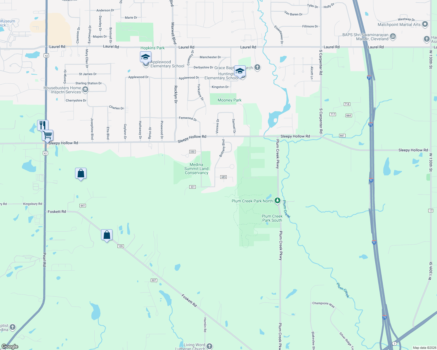map of restaurants, bars, coffee shops, grocery stores, and more near 3615 Shelton Lane in Brunswick