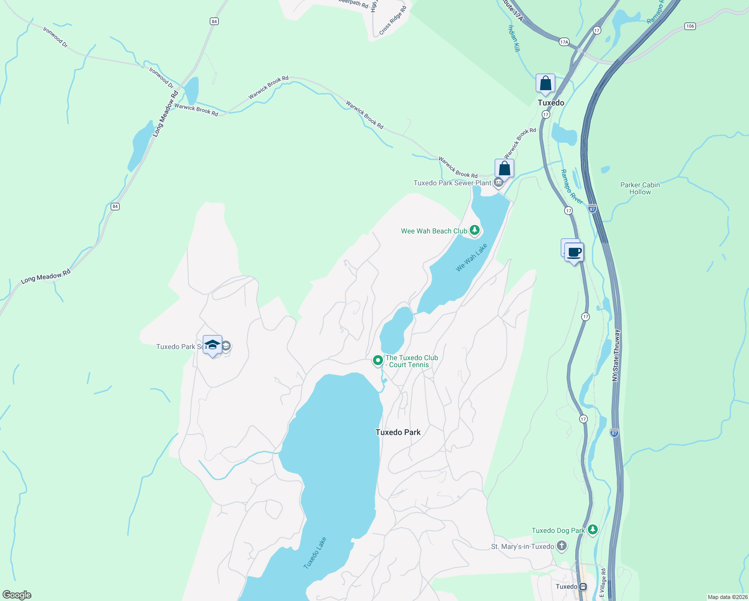 map of restaurants, bars, coffee shops, grocery stores, and more near 43 Ontio Road in Tuxedo Park