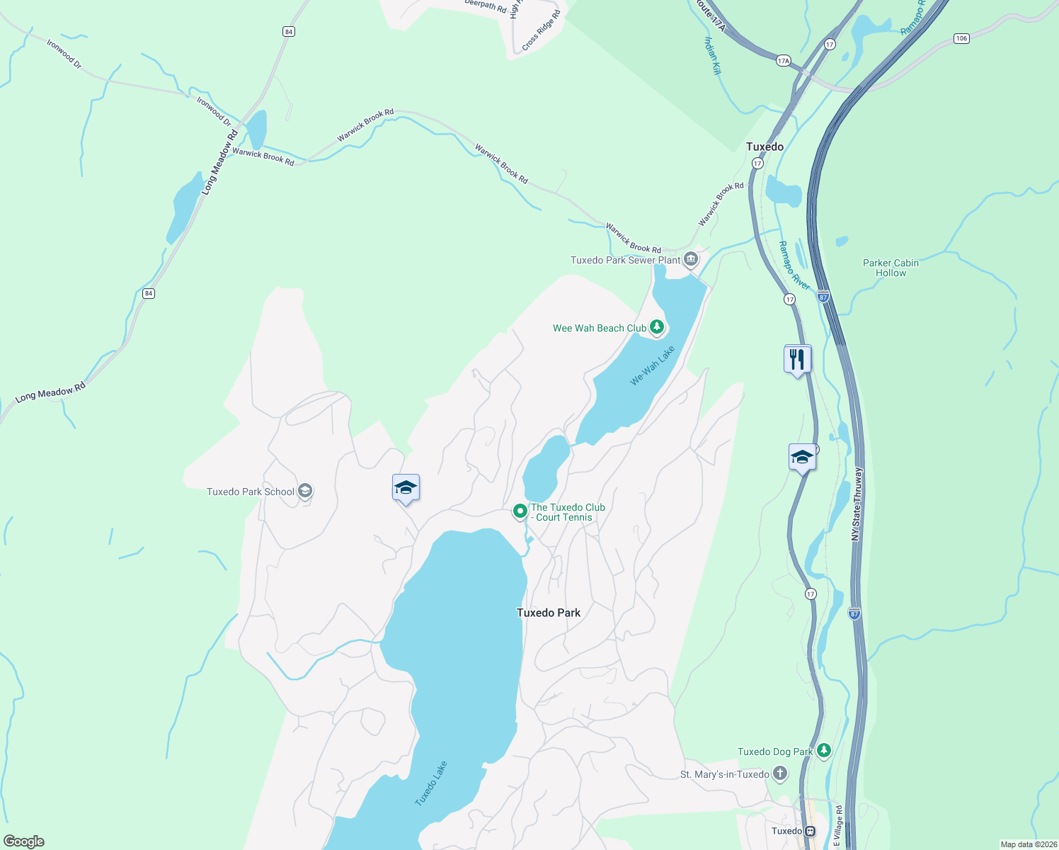 map of restaurants, bars, coffee shops, grocery stores, and more near 43 Ontio Road in Tuxedo Park