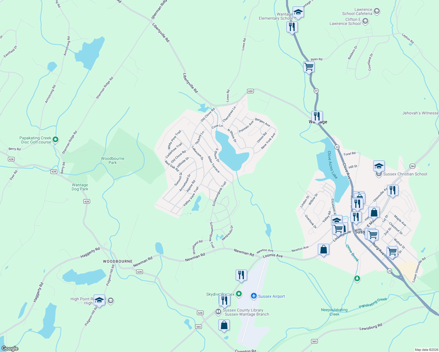 map of restaurants, bars, coffee shops, grocery stores, and more near 66 Alder Terrace in Wantage