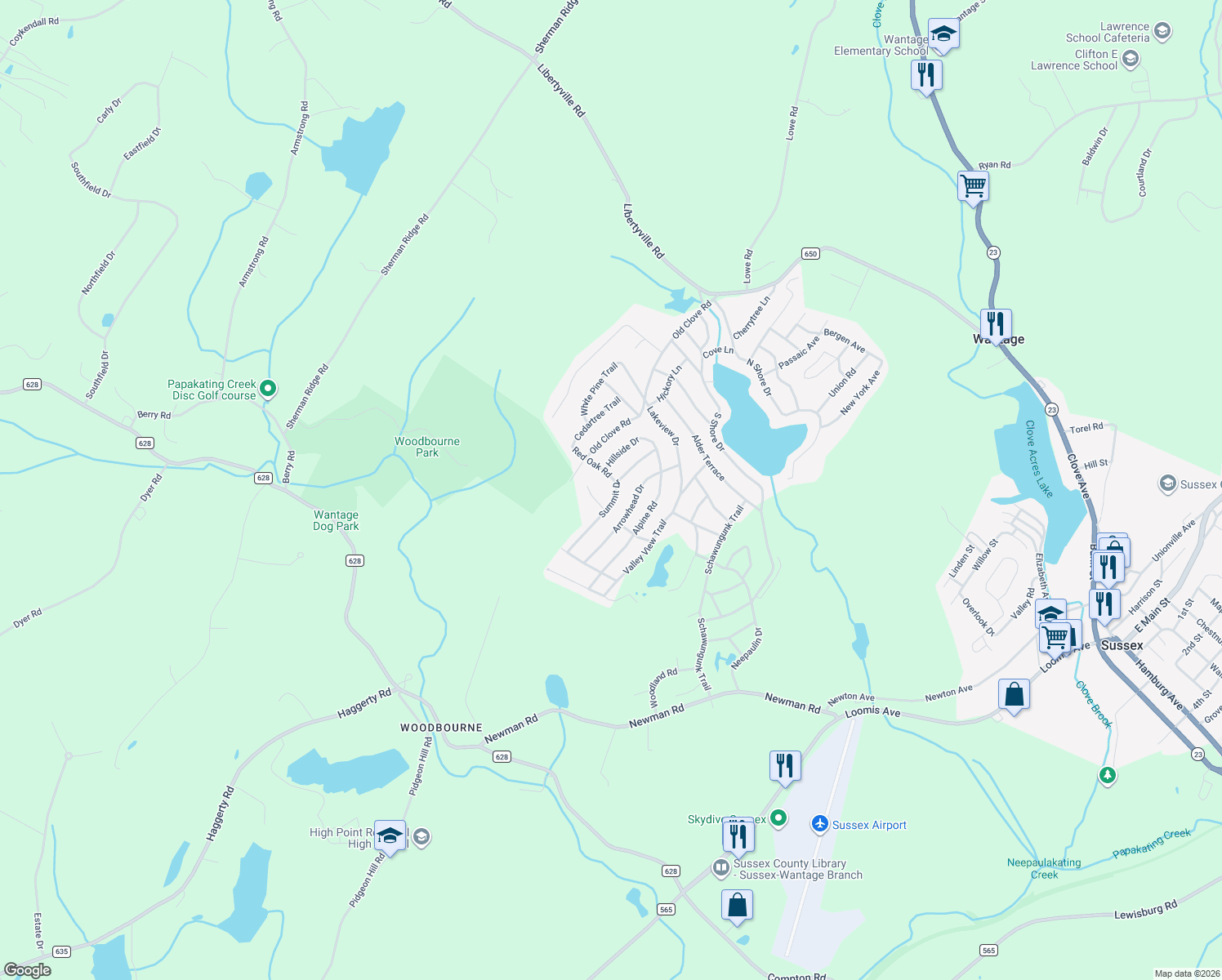 map of restaurants, bars, coffee shops, grocery stores, and more near 36 Summit Drive in Wantage