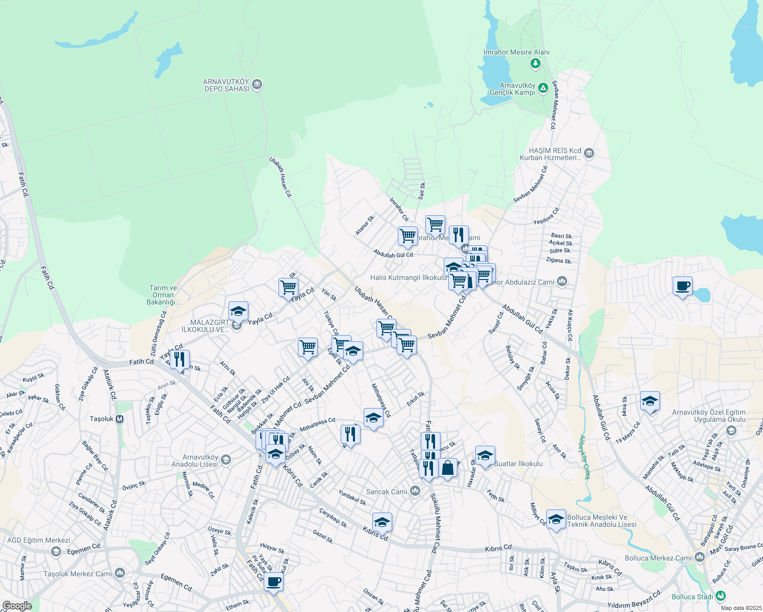 map of restaurants, bars, coffee shops, grocery stores, and more near 255 Ulubatlı Hasan Caddesi in Arnavutköy