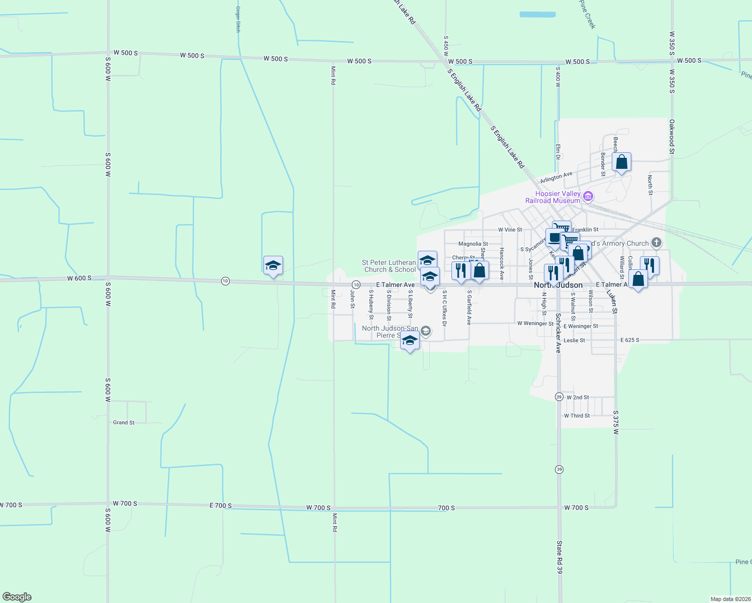 map of restaurants, bars, coffee shops, grocery stores, and more near 6060 South Hubeny Street in North Judson