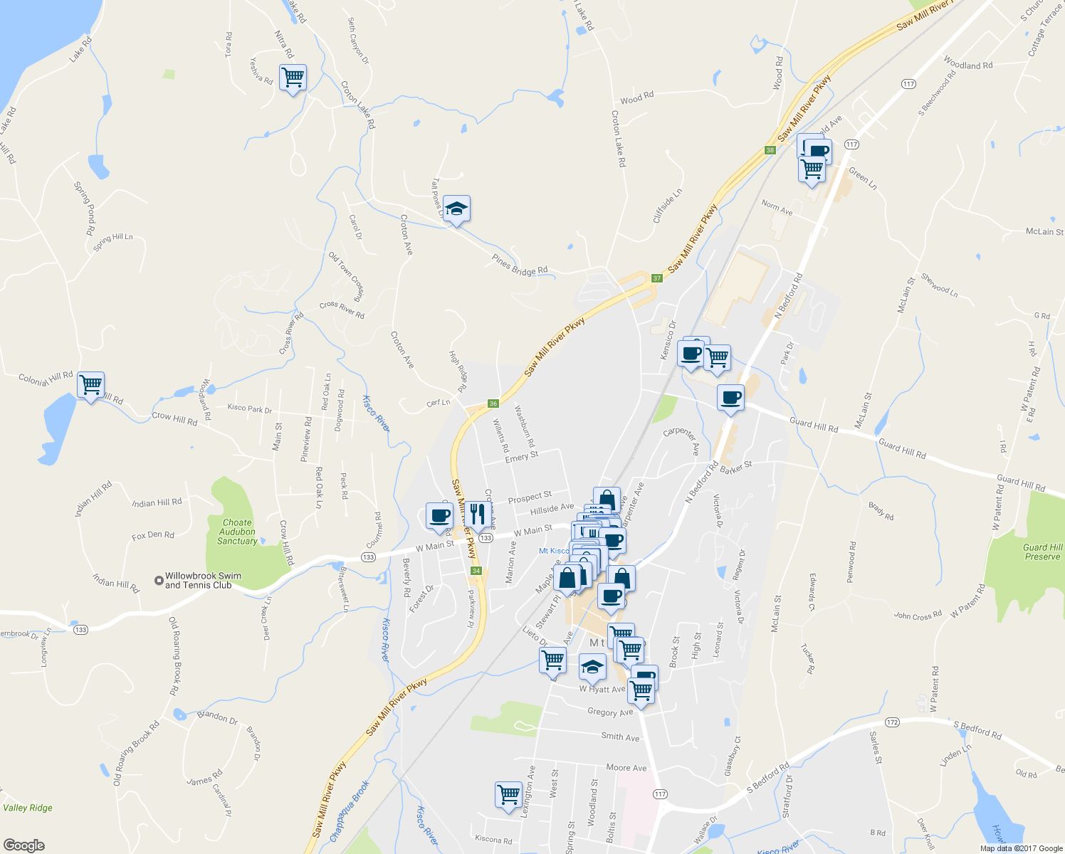 map of restaurants, bars, coffee shops, grocery stores, and more near 33 Washburn Road in Mount Kisco