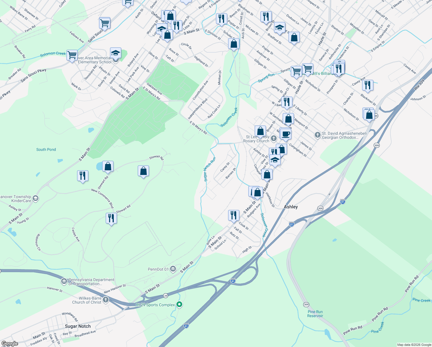 map of restaurants, bars, coffee shops, grocery stores, and more near 53 Carey St in Ashley