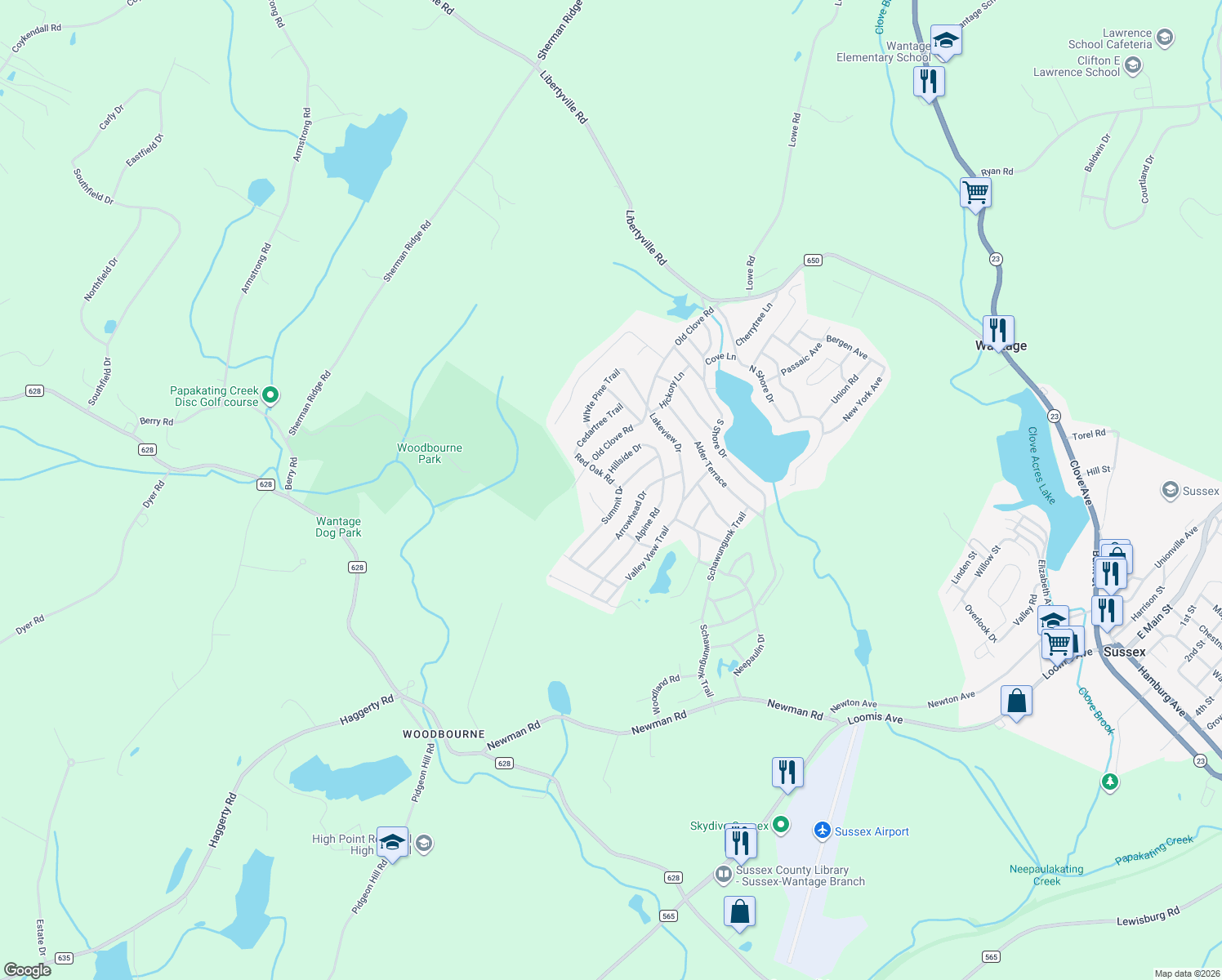 map of restaurants, bars, coffee shops, grocery stores, and more near 36 Summit Drive in Wantage