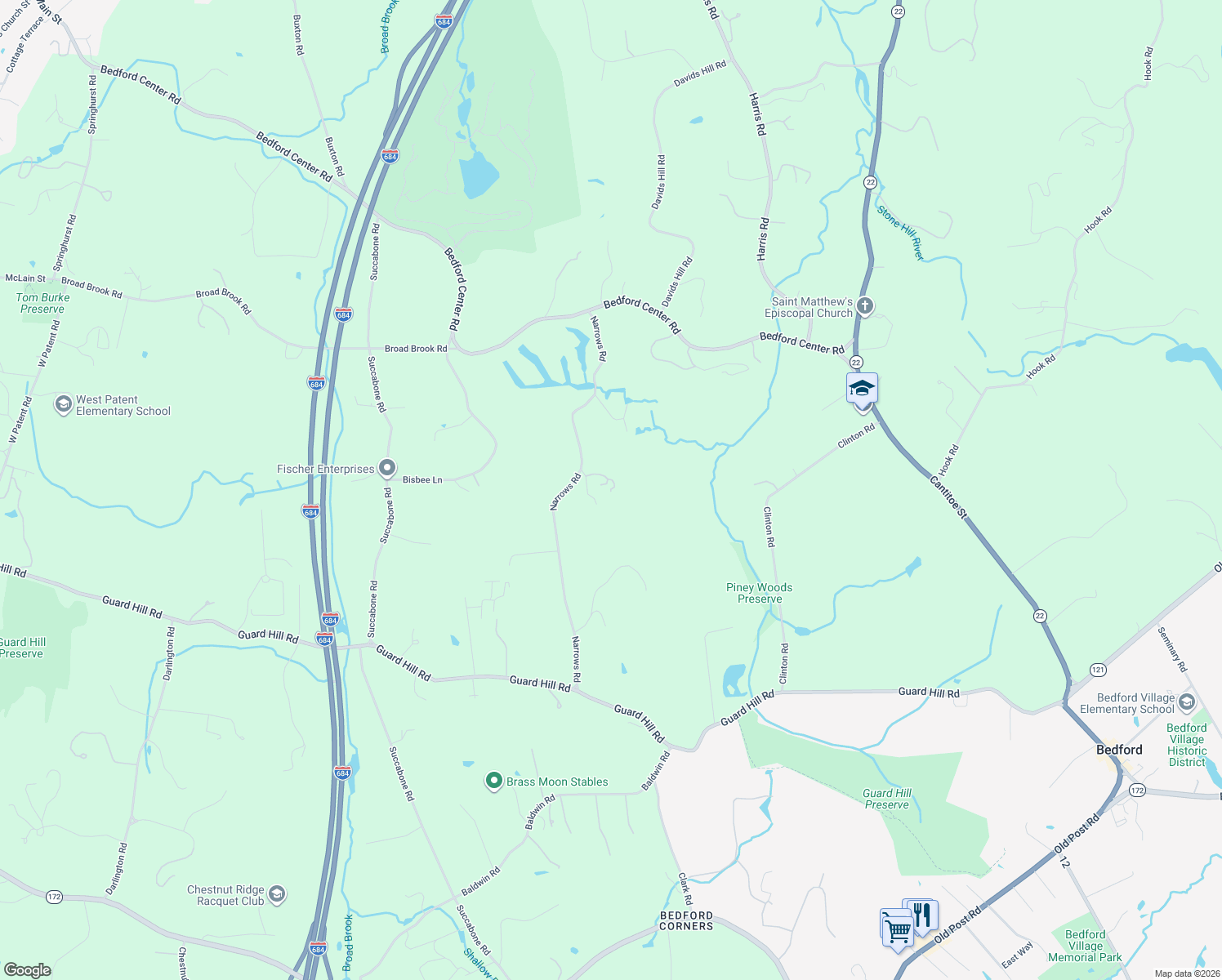 map of restaurants, bars, coffee shops, grocery stores, and more near 108 Narrows Road in Bedford Hills
