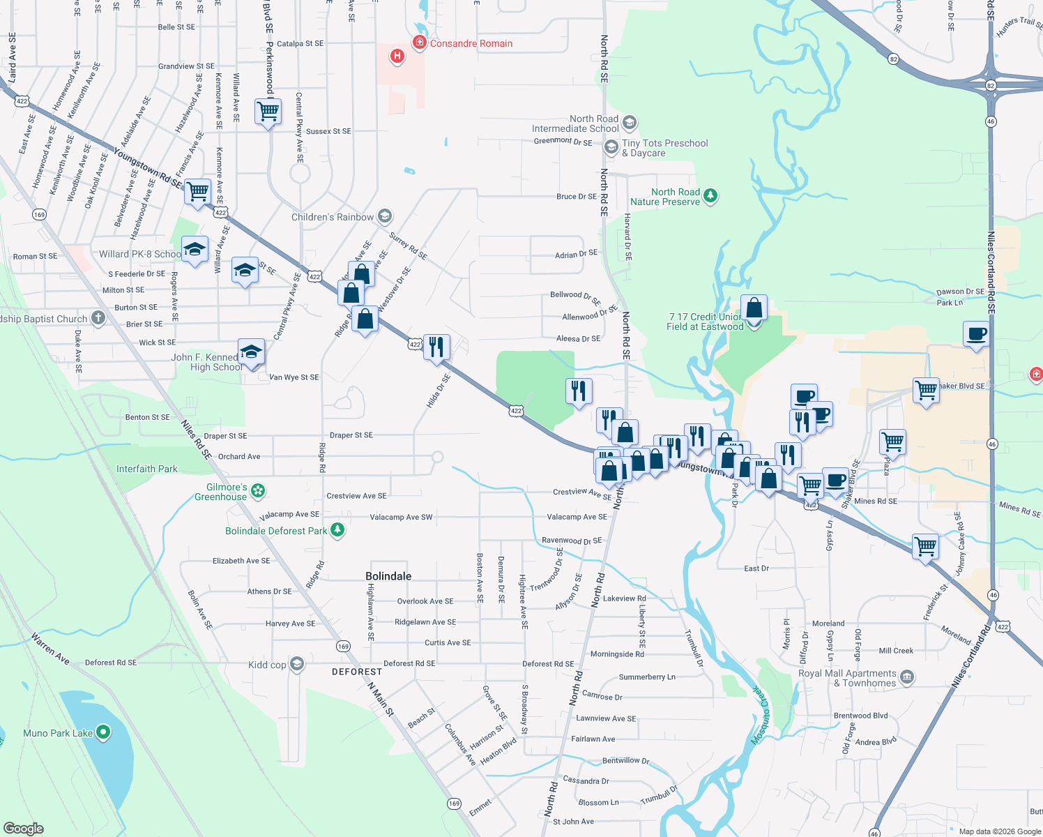 map of restaurants, bars, coffee shops, grocery stores, and more near 4166 Youngstown Rd SE in Warren