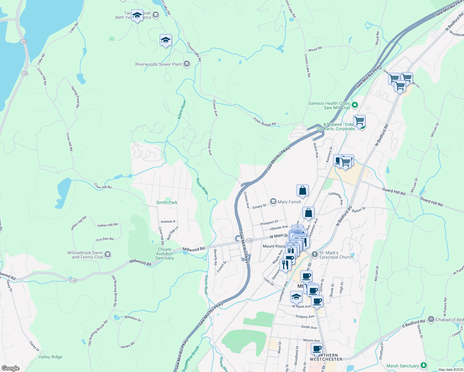 map of restaurants, bars, coffee shops, grocery stores, and more near 5 Cerf Lane in Mount Kisco