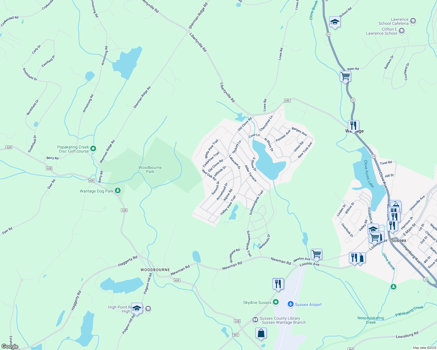 map of restaurants, bars, coffee shops, grocery stores, and more near 30 Hillside Drive in Wantage