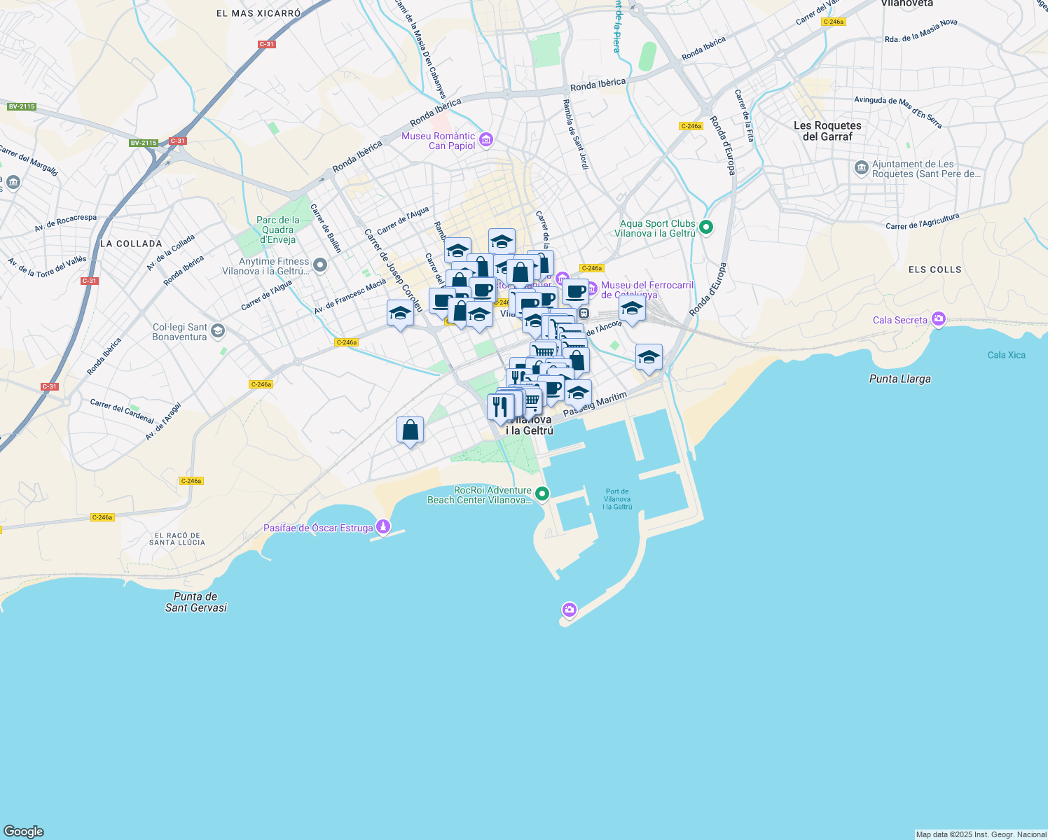 map of restaurants, bars, coffee shops, grocery stores, and more near 24 Passeig del Carme in Vilanova i la Geltrú