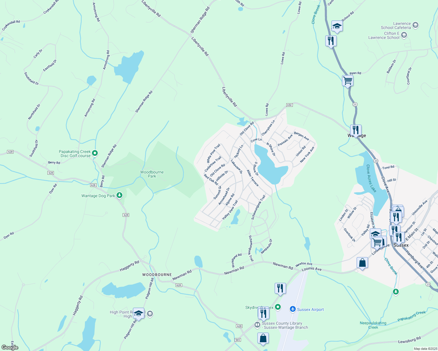 map of restaurants, bars, coffee shops, grocery stores, and more near 30 Hillside Drive in Wantage