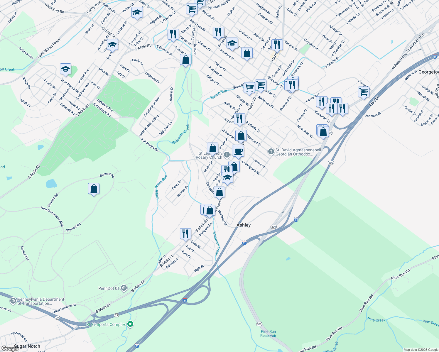 map of restaurants, bars, coffee shops, grocery stores, and more near 30 Ashley St in Ashley