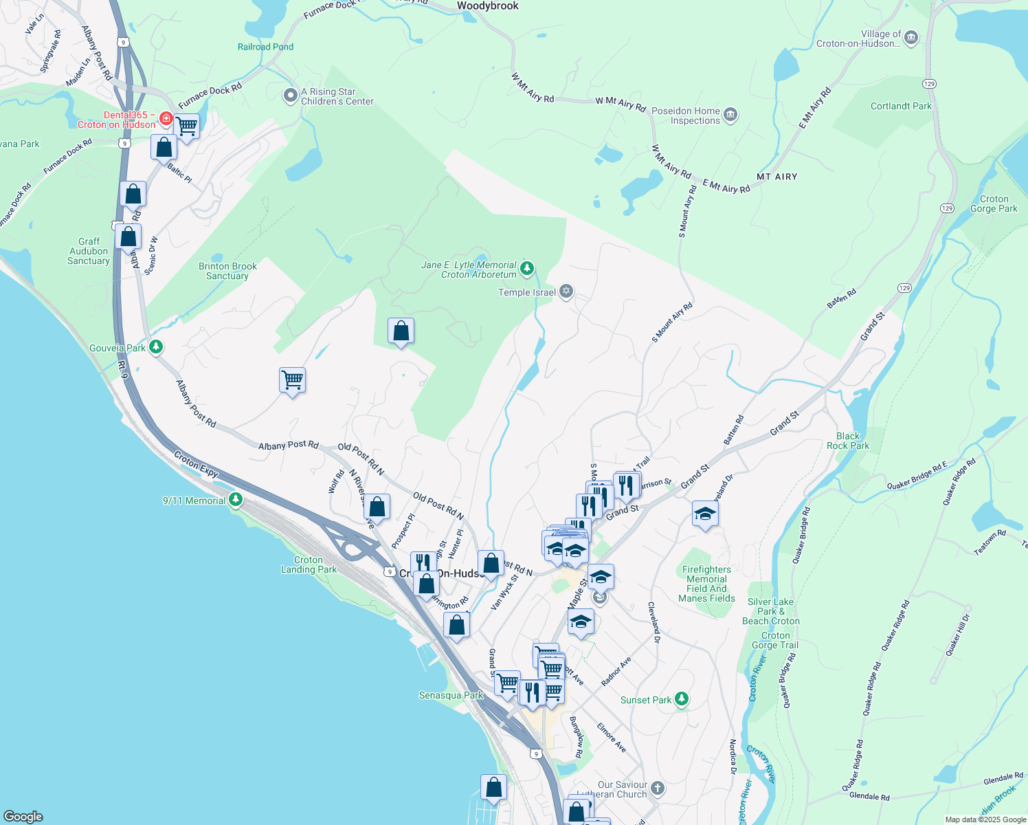 map of restaurants, bars, coffee shops, grocery stores, and more near 44 Lounsbury Road in Croton-on-Hudson