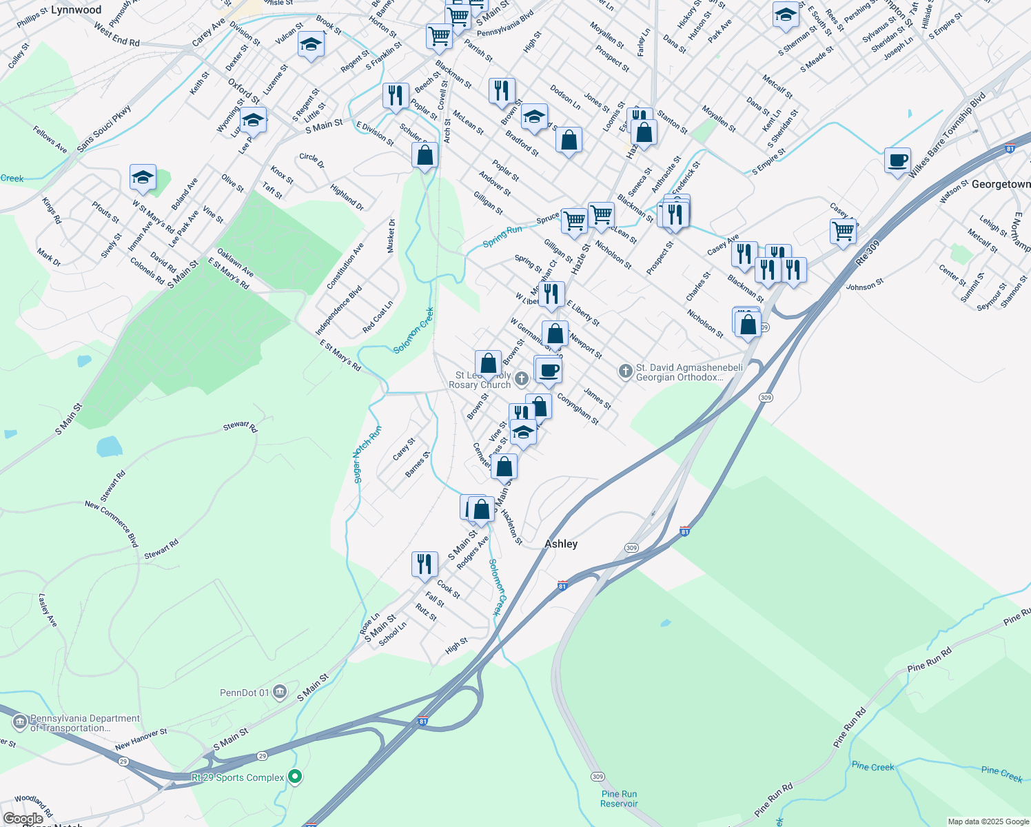 map of restaurants, bars, coffee shops, grocery stores, and more near 29 West Hartford Street in Ashley