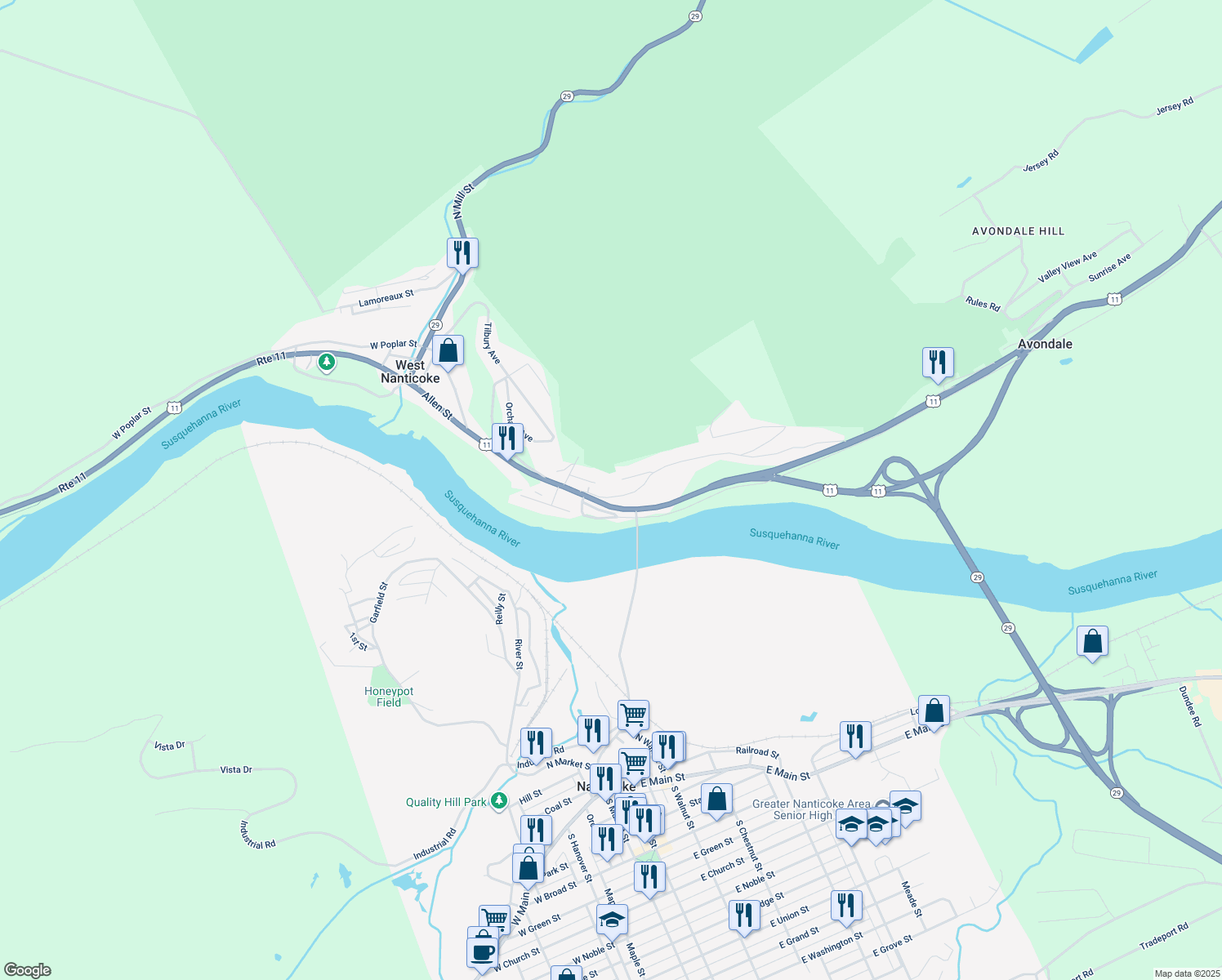 map of restaurants, bars, coffee shops, grocery stores, and more near 10 McDonald Street in Nanticoke