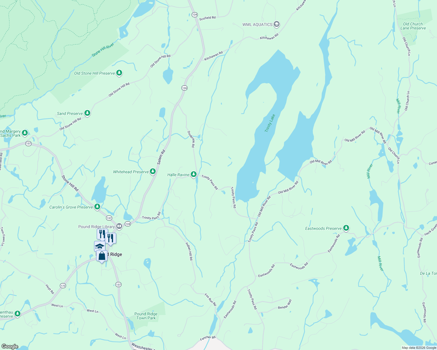 map of restaurants, bars, coffee shops, grocery stores, and more near 217 Trinity Pass Road in Pound Ridge