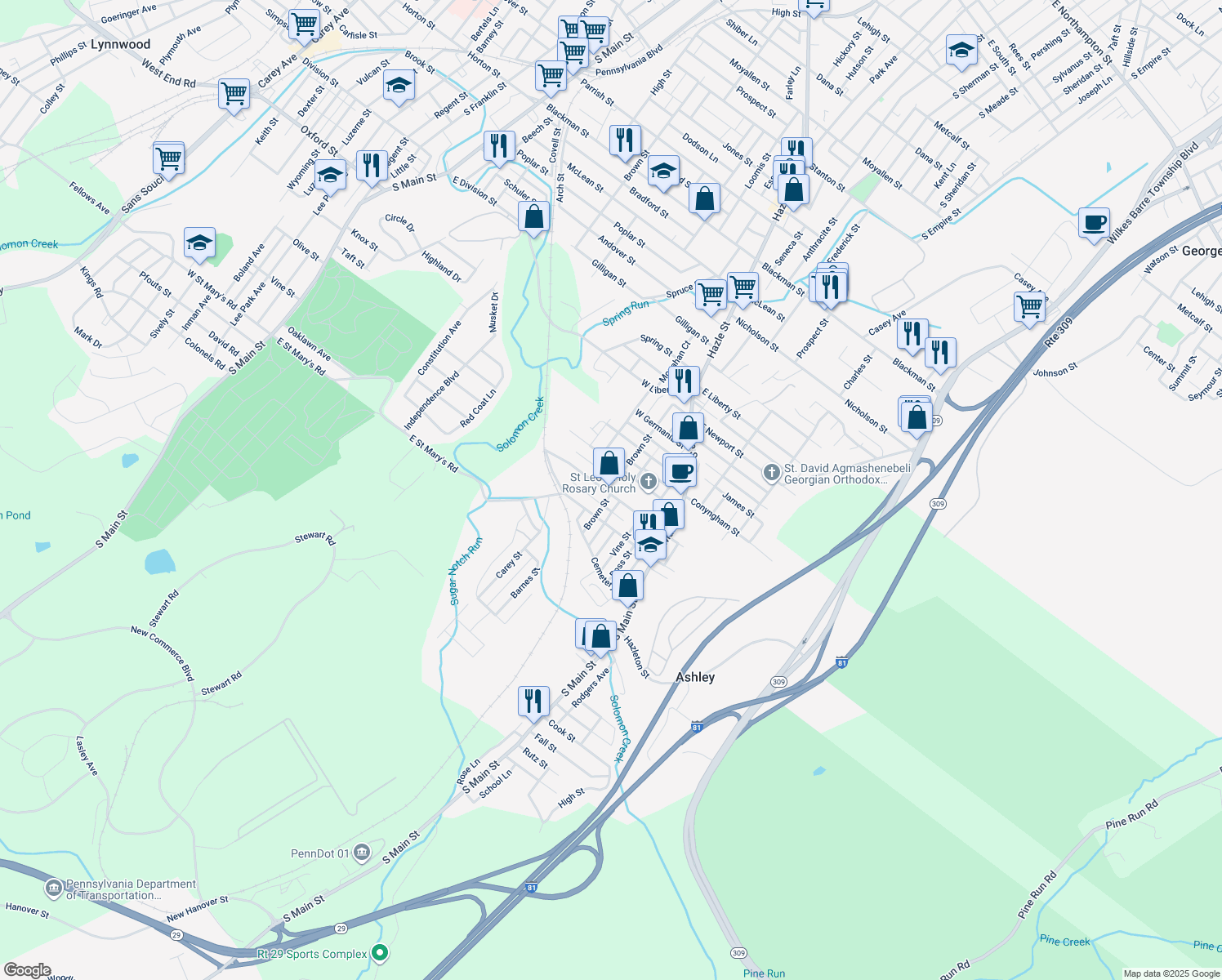 map of restaurants, bars, coffee shops, grocery stores, and more near 74 W Hartford St in Ashley