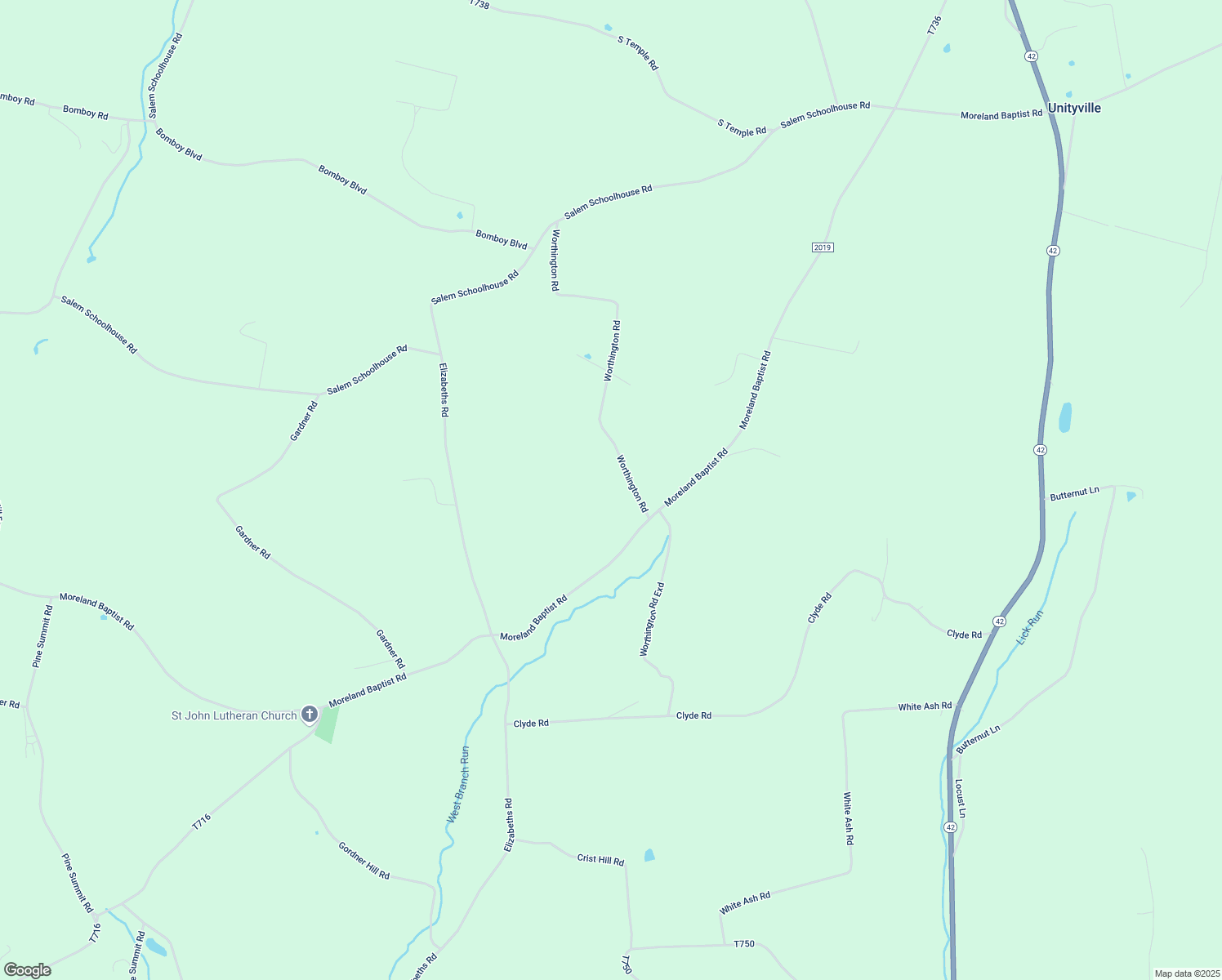 map of restaurants, bars, coffee shops, grocery stores, and more near 810 Worthington Road in Unityville
