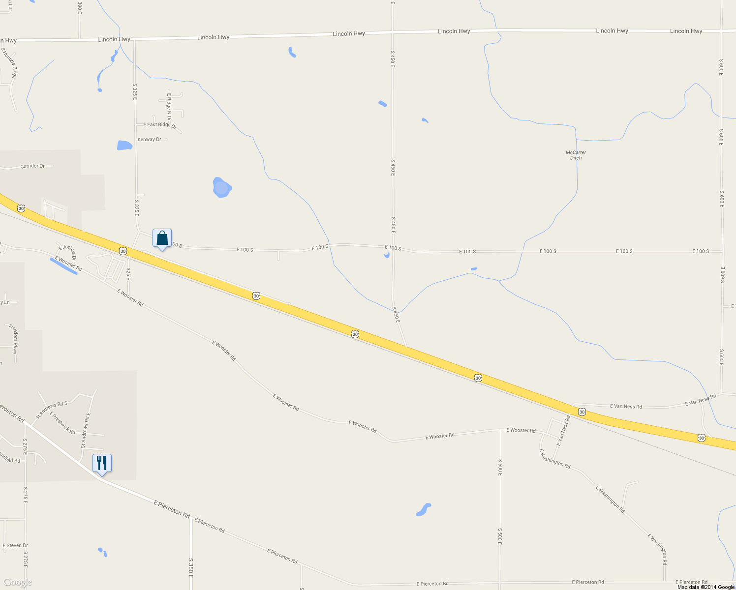 map of restaurants, bars, coffee shops, grocery stores, and more near 1175 South 450 East in Pierceton