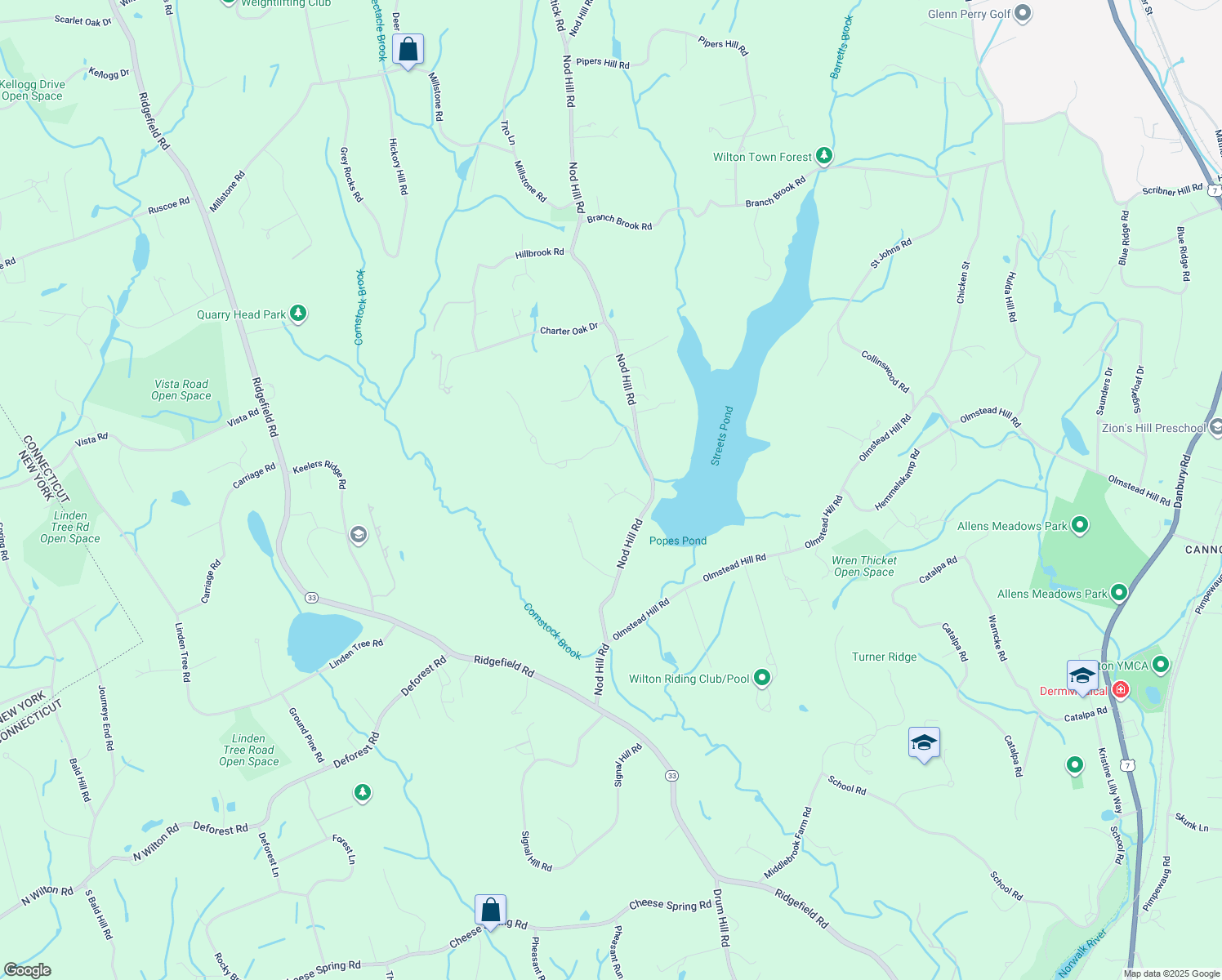 map of restaurants, bars, coffee shops, grocery stores, and more near 125 Nod Hill Road in Wilton