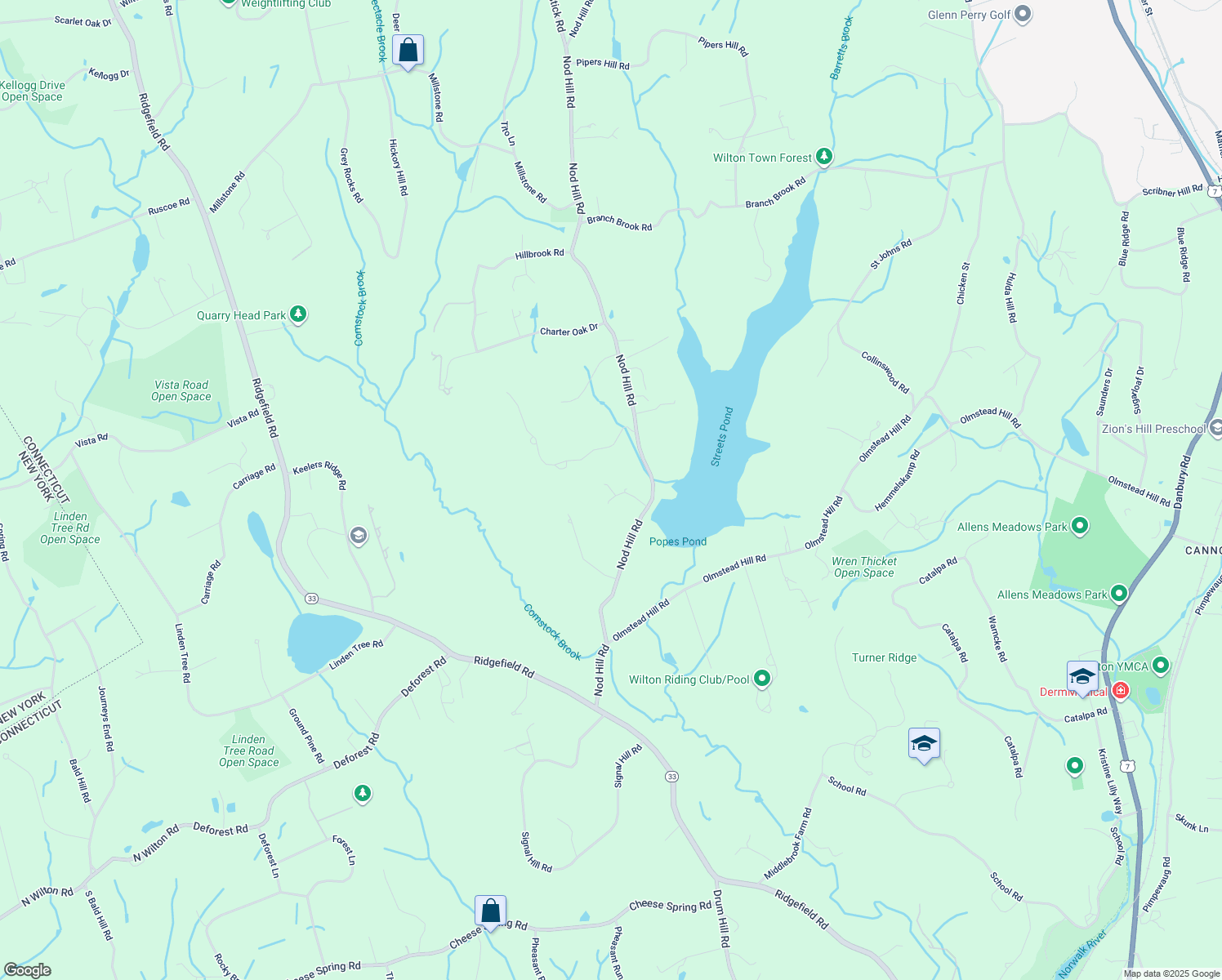 map of restaurants, bars, coffee shops, grocery stores, and more near 125 Nod Hill Road in Wilton