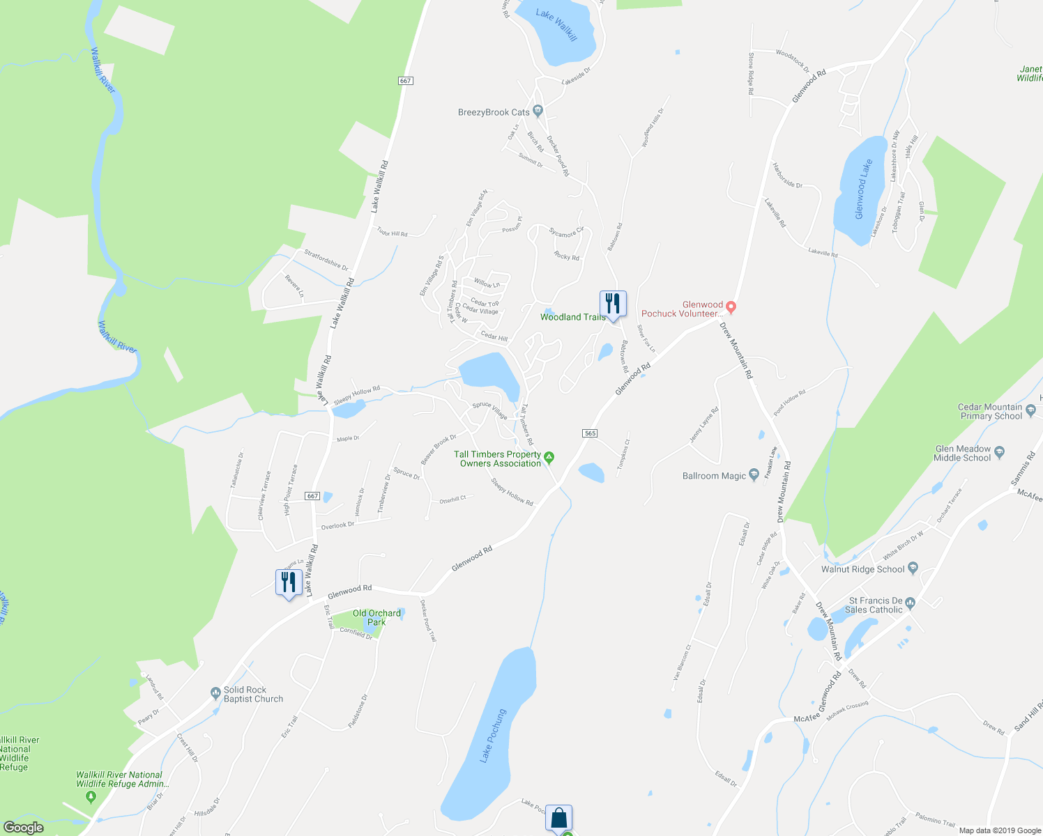 map of restaurants, bars, coffee shops, grocery stores, and more near Tall Timbers Road in Sussex