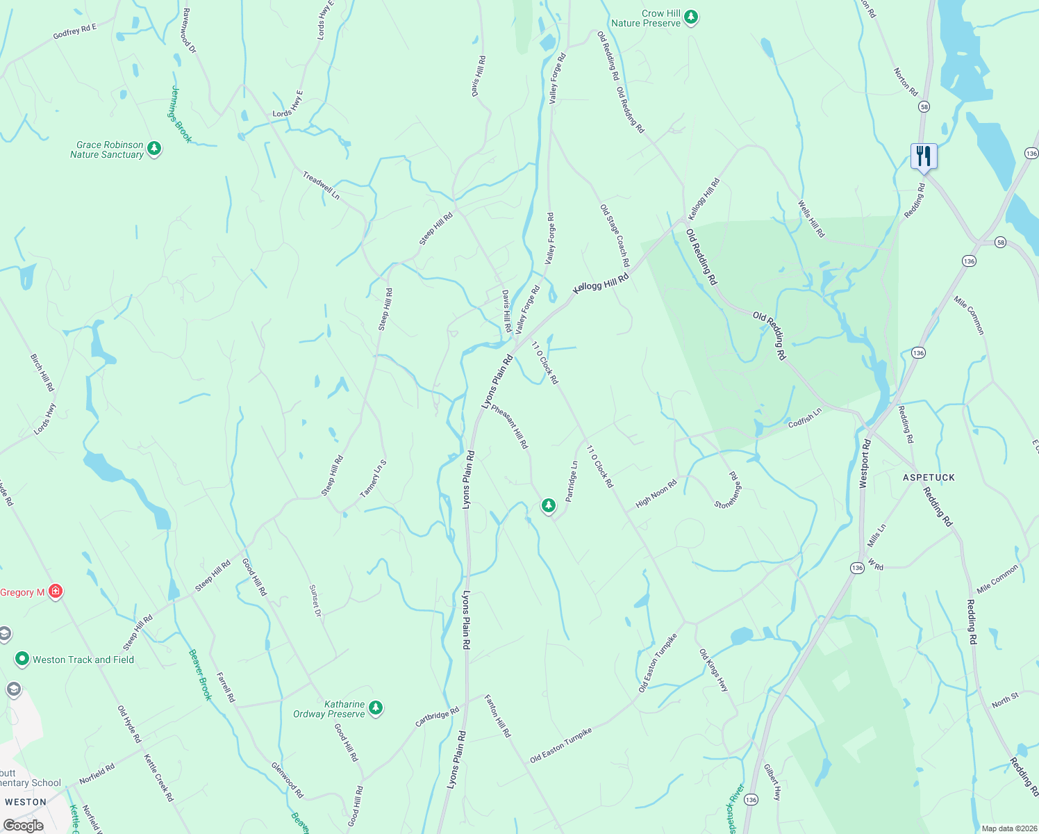 map of restaurants, bars, coffee shops, grocery stores, and more near 10 Pheasant Hill Road in Weston