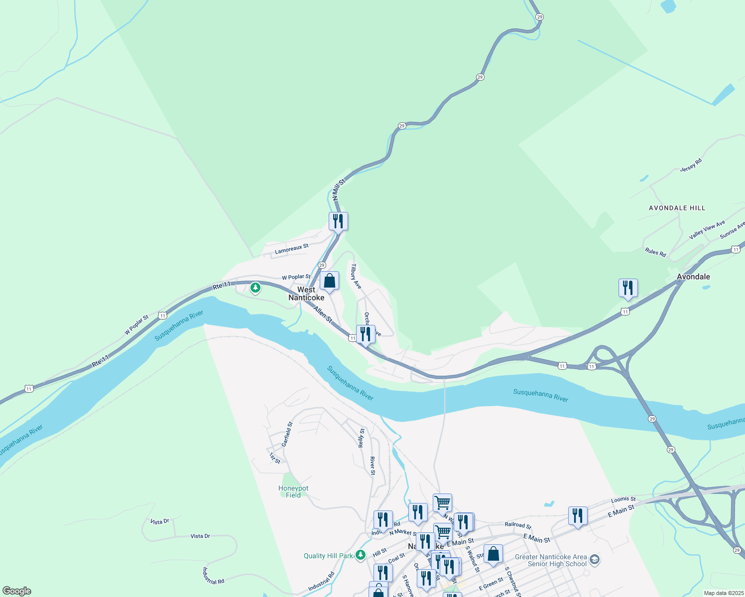 map of restaurants, bars, coffee shops, grocery stores, and more near 53 Tilbury Avenue in Nanticoke